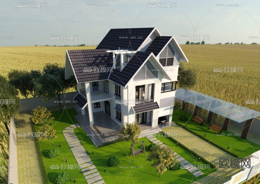 美式简约创意花园别墅外观免费3d模型下载