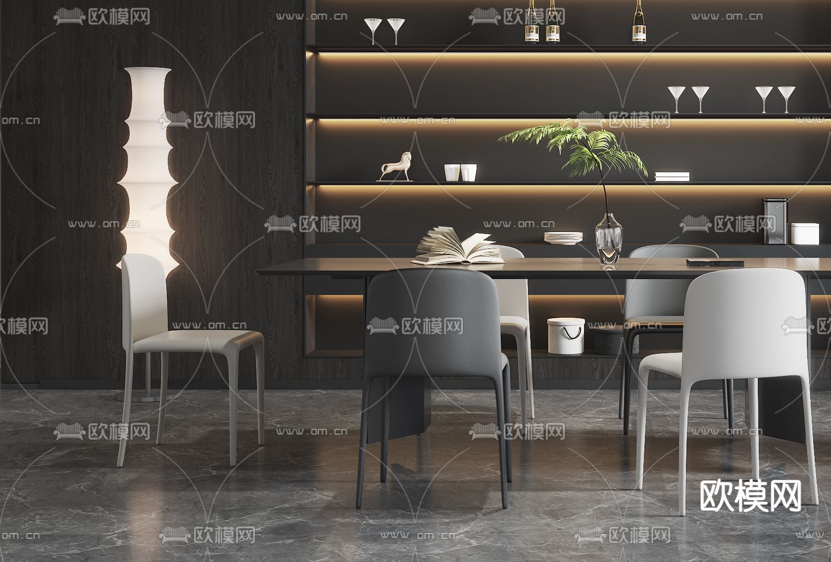 现代高级灰客餐厅3d模型下载（渲染图3）