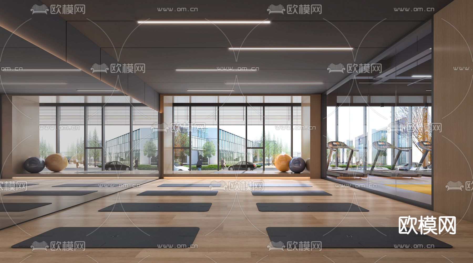 工业风健身房瑜伽室3d模型下载（渲染图2）