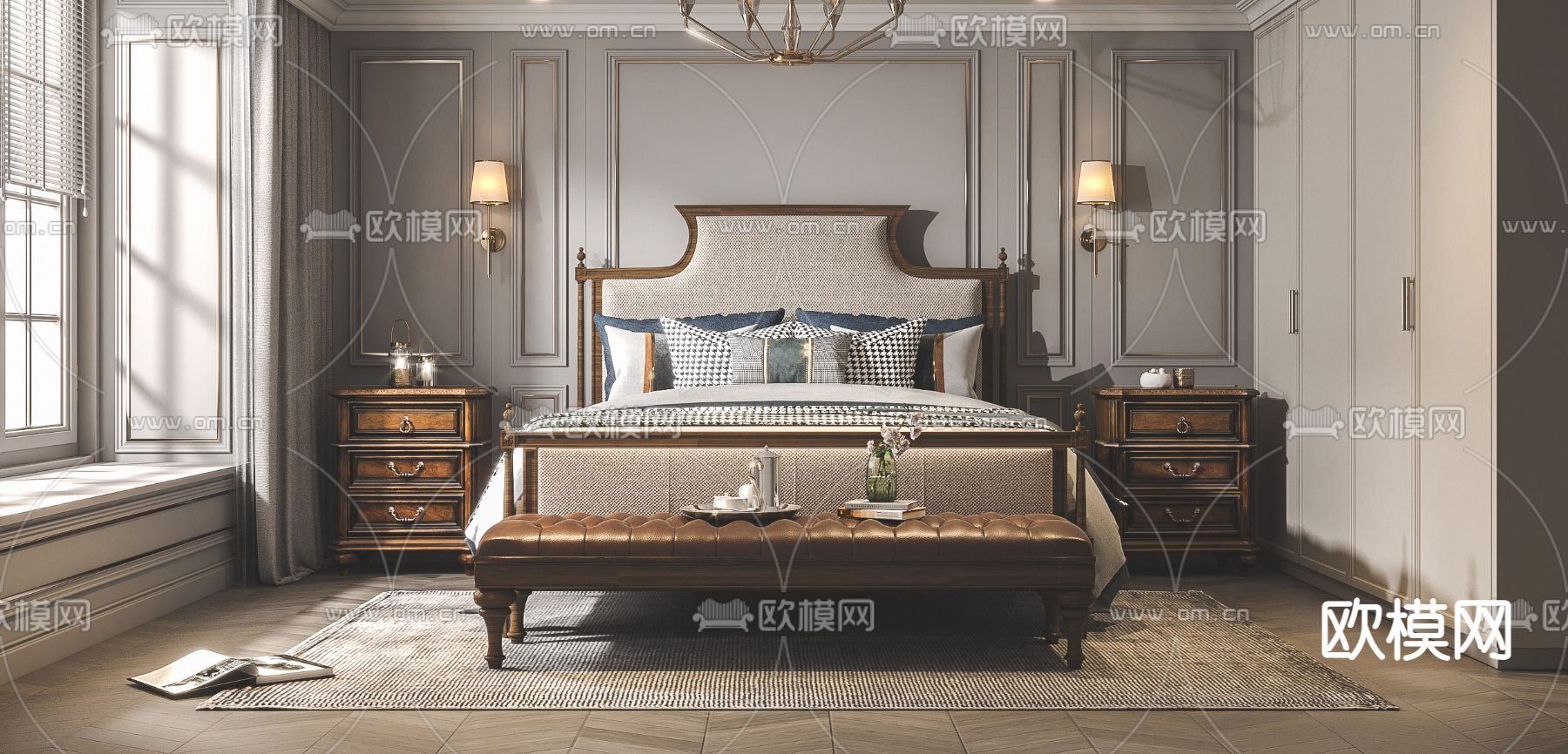 美式轻奢卧室3d模型下载（渲染图2）
