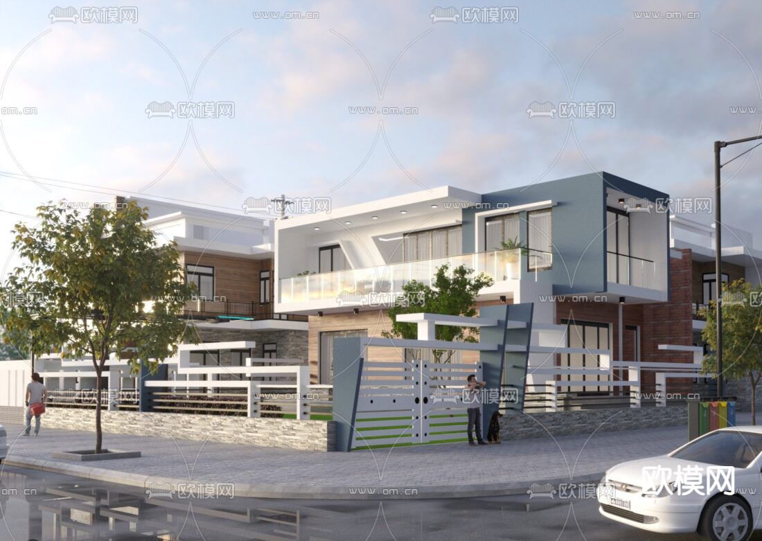 现代简约创意花园别墅外观免费3d模型下载