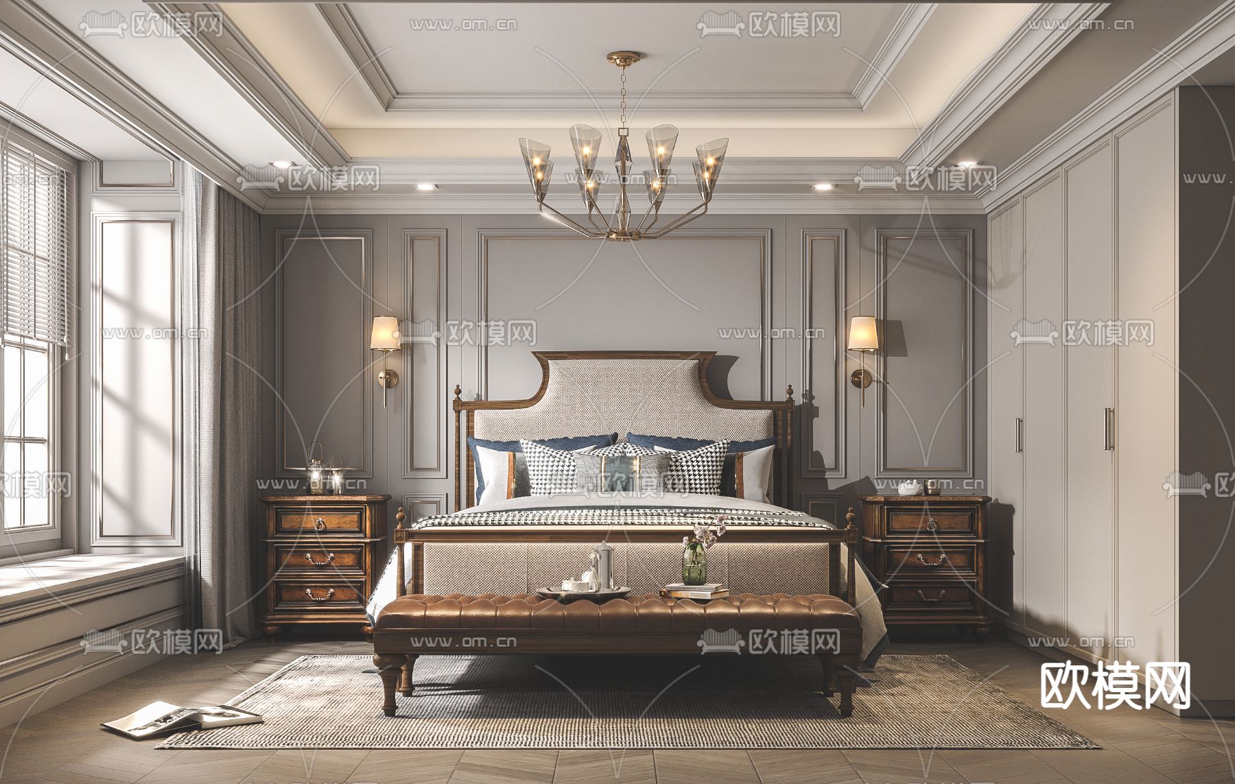 美式轻奢卧室3d模型下载（渲染图1）