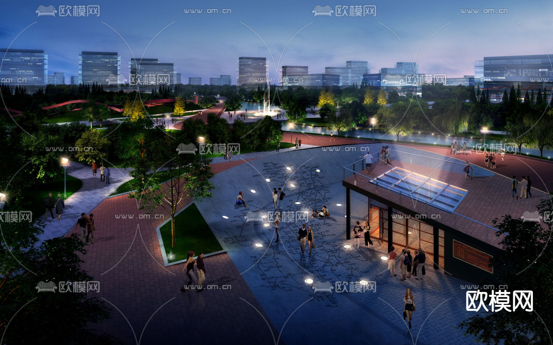 现代广场公园夜景鸟瞰psd下载
