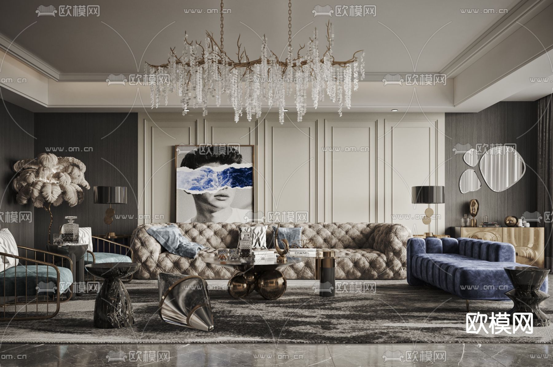 欧式轻奢客厅3d模型下载_ID12101878_3dmax免费模型-欧模网