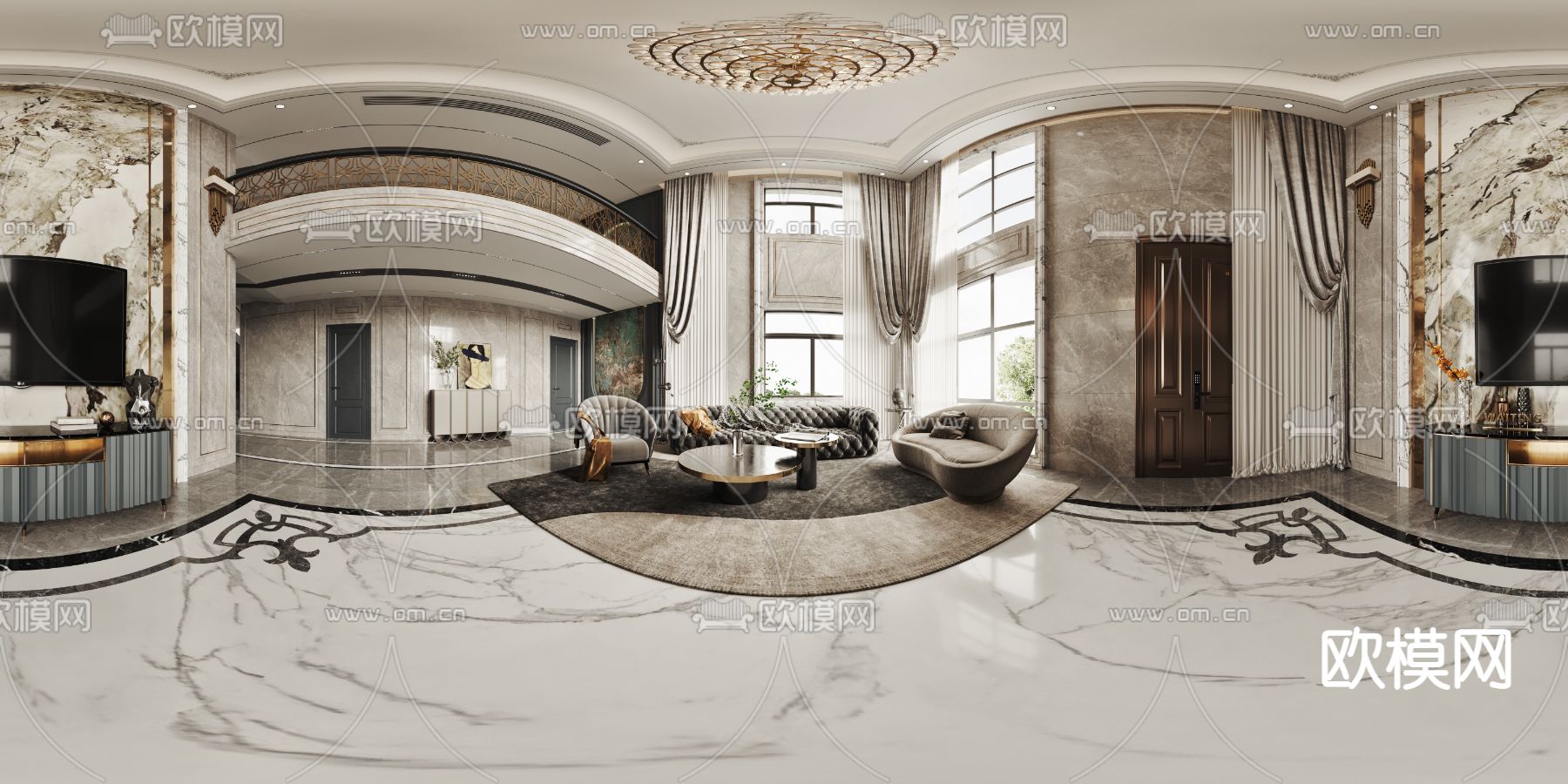 简欧挑空别墅客厅vr全景3d模型-免费3dmax模型库-欧模网