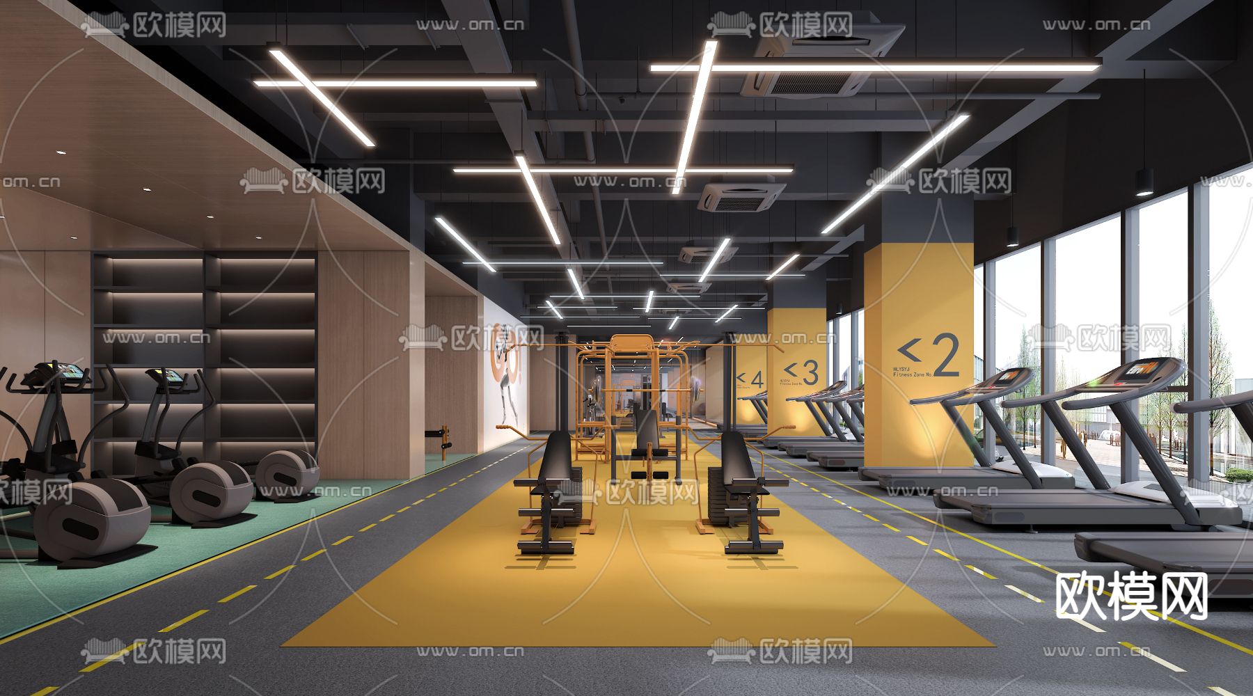 工业风健身房瑜伽室3d模型下载（渲染图1）