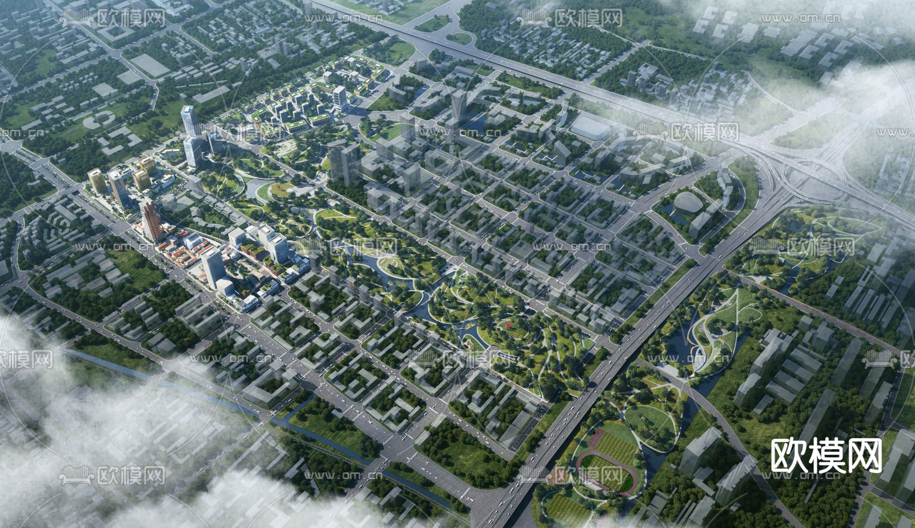 现代城市鸟瞰规划3d模型下载_ID12100597_3dmax免费模型-欧模网