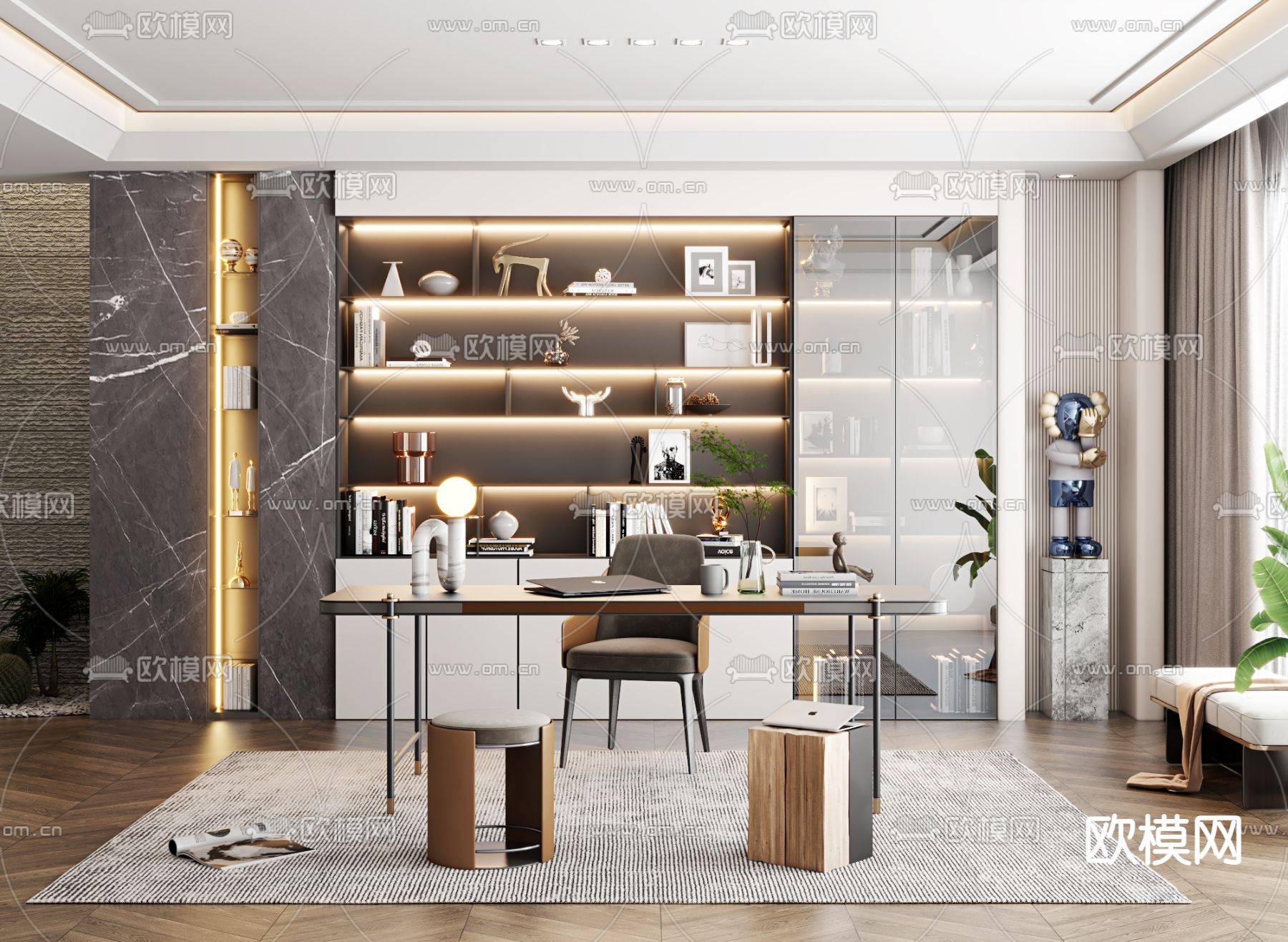 现代轻奢书房3d模型下载