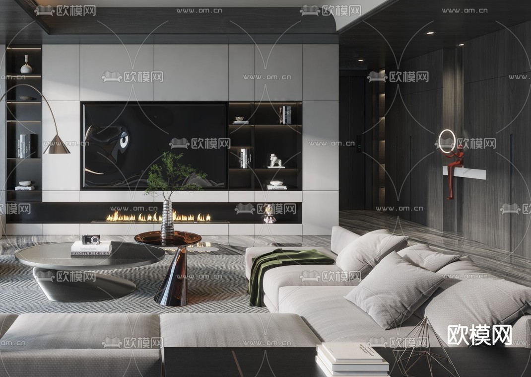 现代暗黑风客厅3d模型下载_ID12103355_3dmax免费模型-欧模网