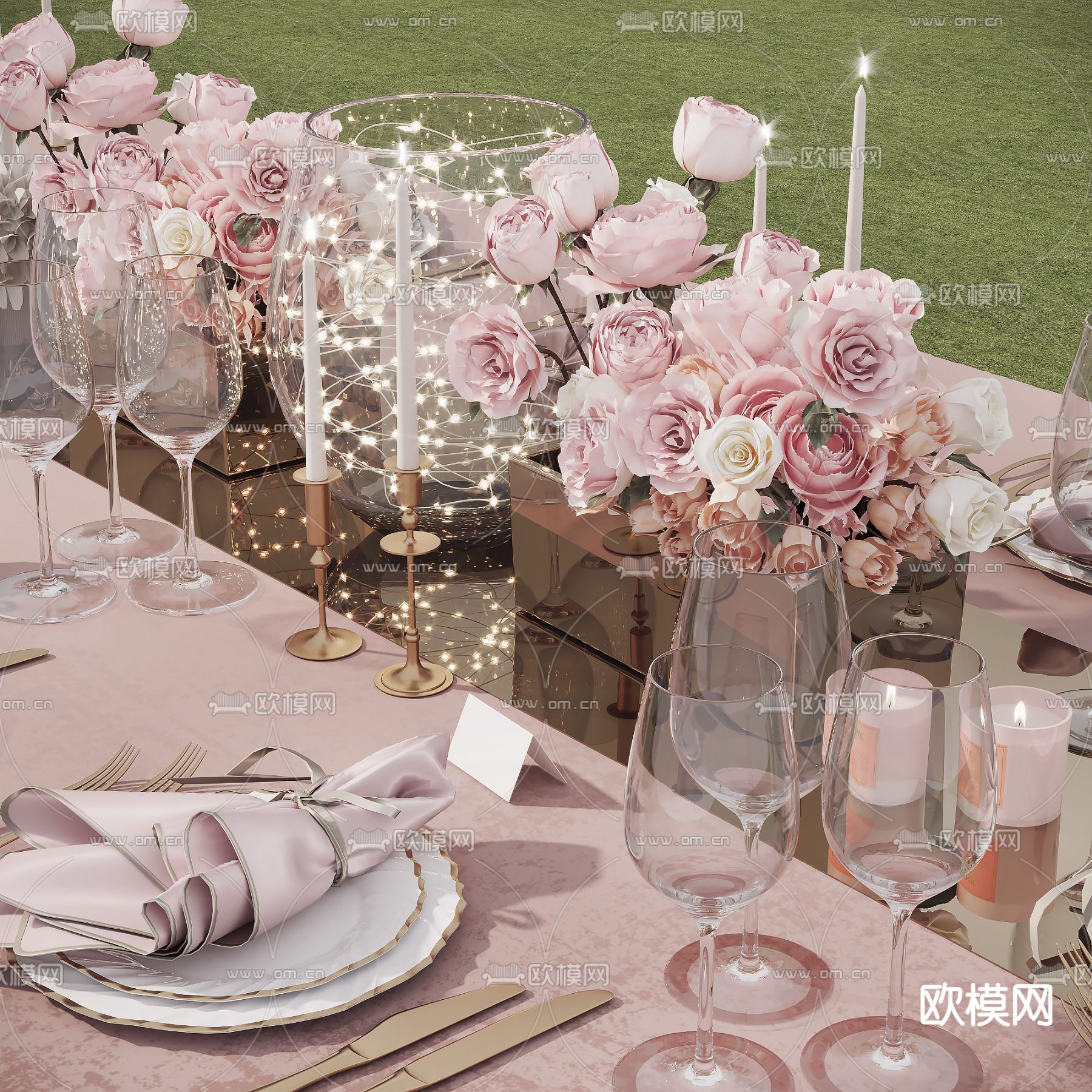 现代粉色鲜花餐具3d模型下载