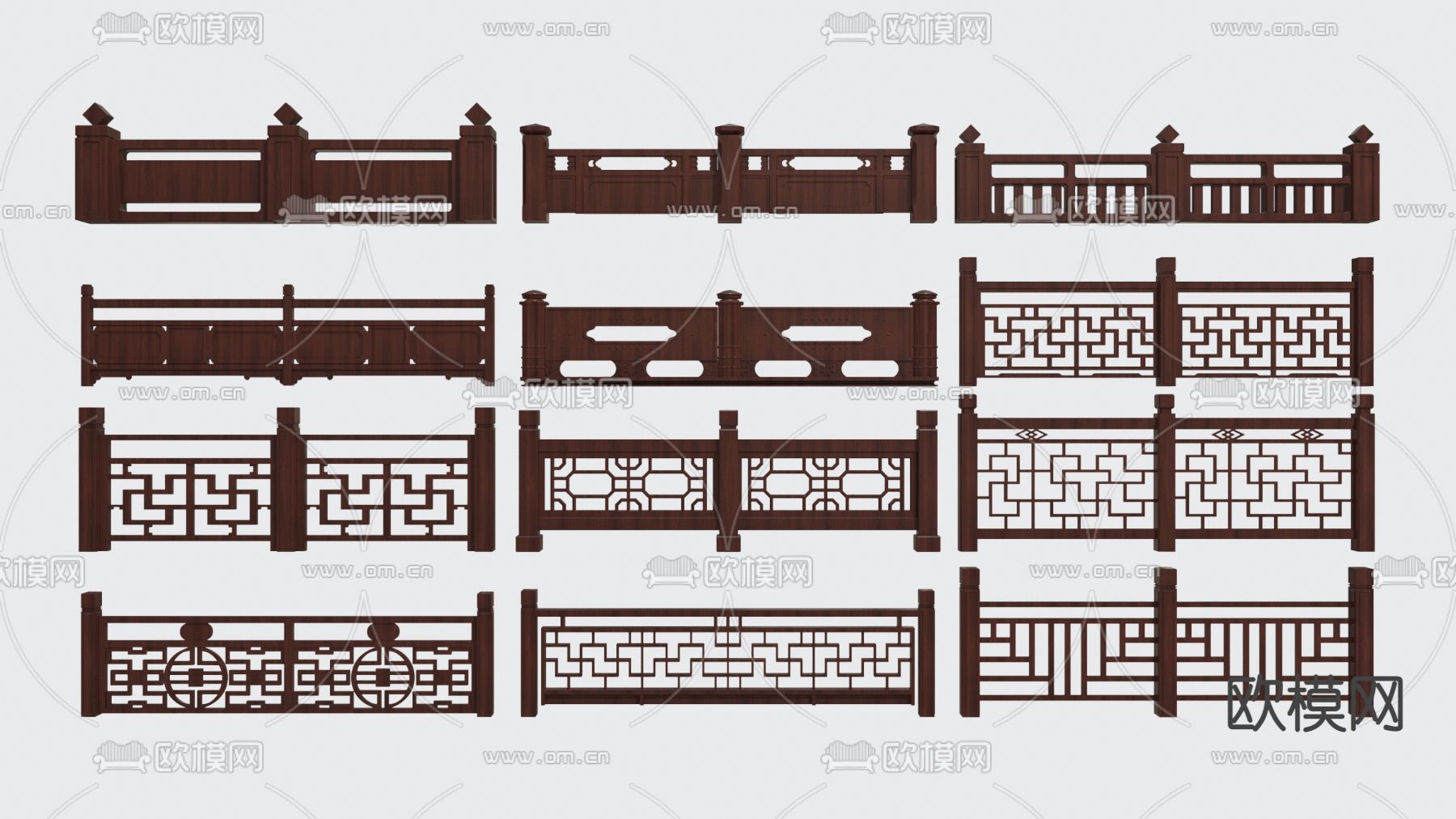 中式实木栏杆3d模型下载