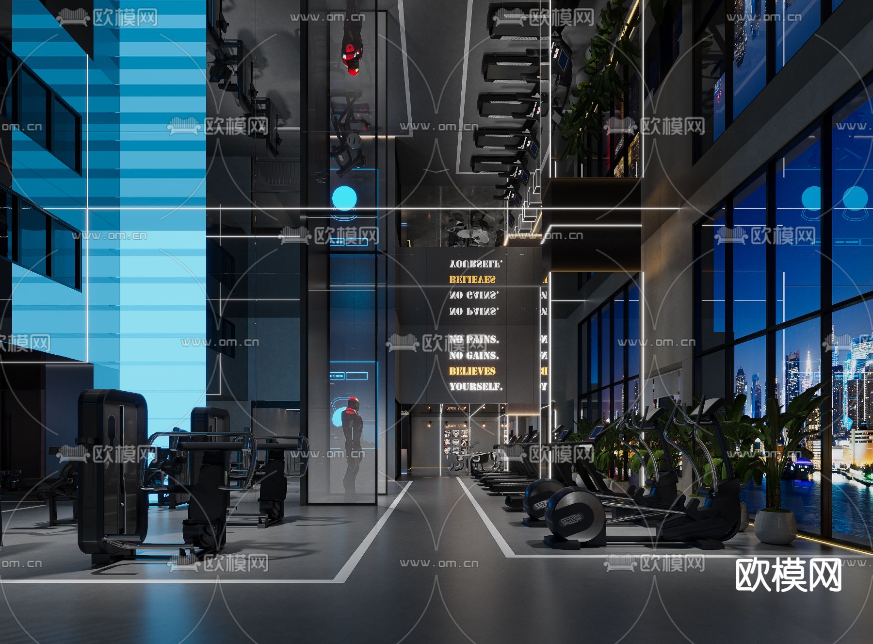 现代暗黑风健身房3d模型下载（渲染图1）