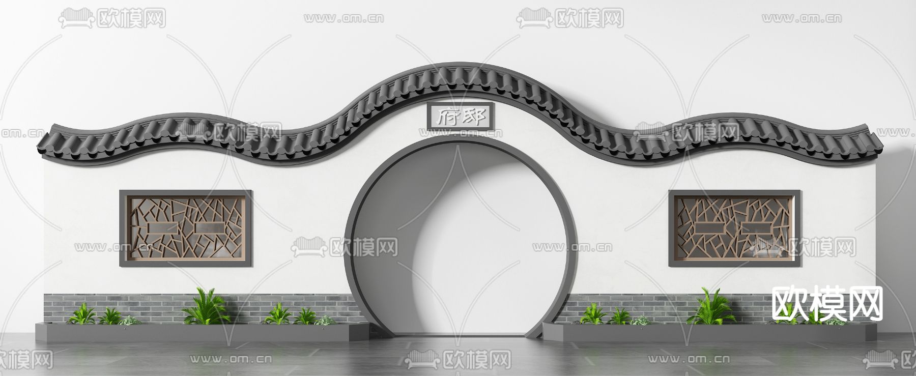 新中式庭院围墙月亮门洞3d模型下载_ID12104258_3dmax免费模型-欧模网