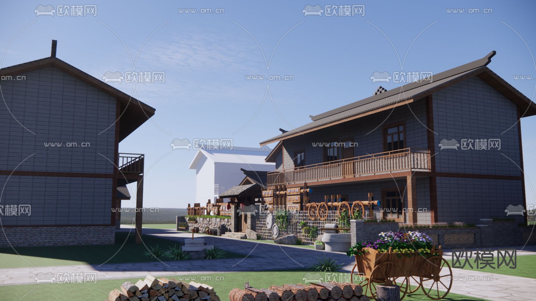 中式民宿建筑外观su模型下载（渲染图1）