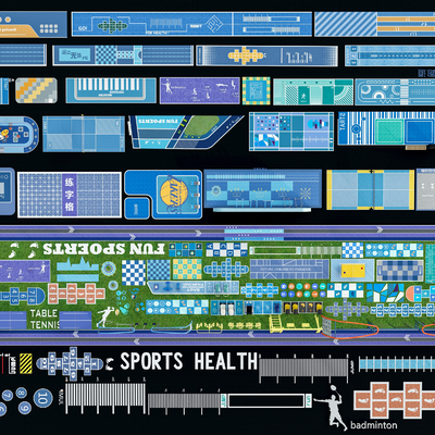  现代户外健身跑道标识标志su模型 