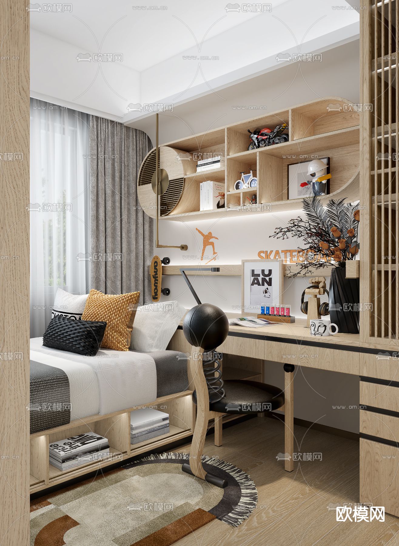 柘壹设计 现代榻榻米儿童房3d模型下载（渲染图1）