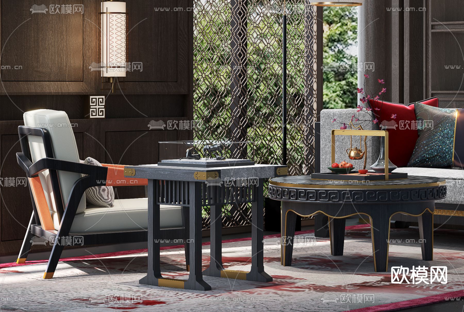 一然设计 新中式售楼处洽谈区3d模型下载（渲染图2）