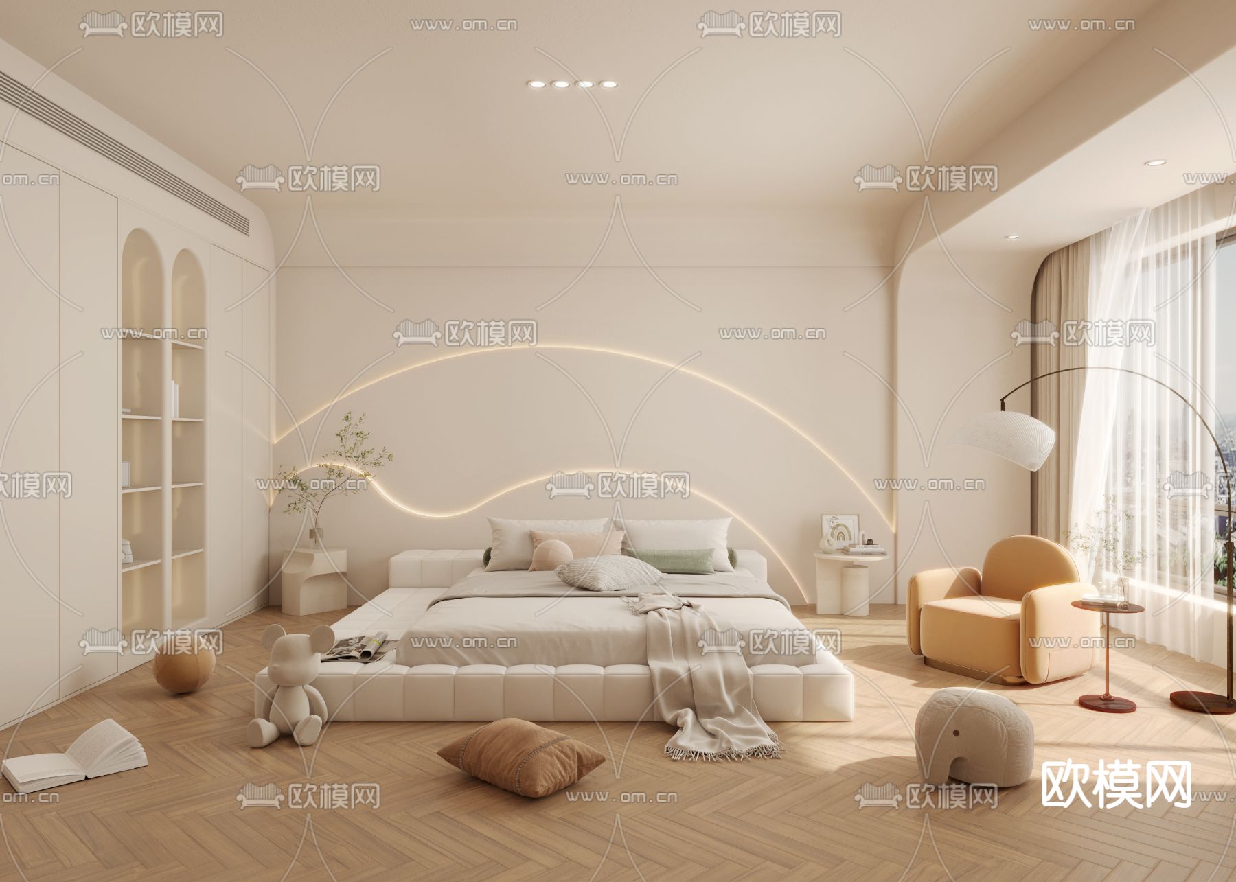 卧室3D模型下载_现代奶油风卧室3D模型下载_ID1428198,VR+CR渲染器_智鸥网-原一米八3d模型网，专业的3D素材库