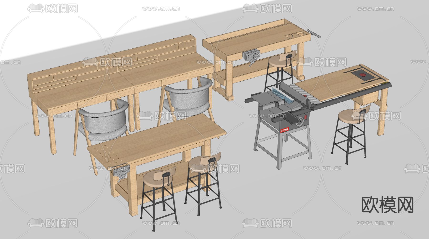 现代木工操作台su模型下载（渲染图2）