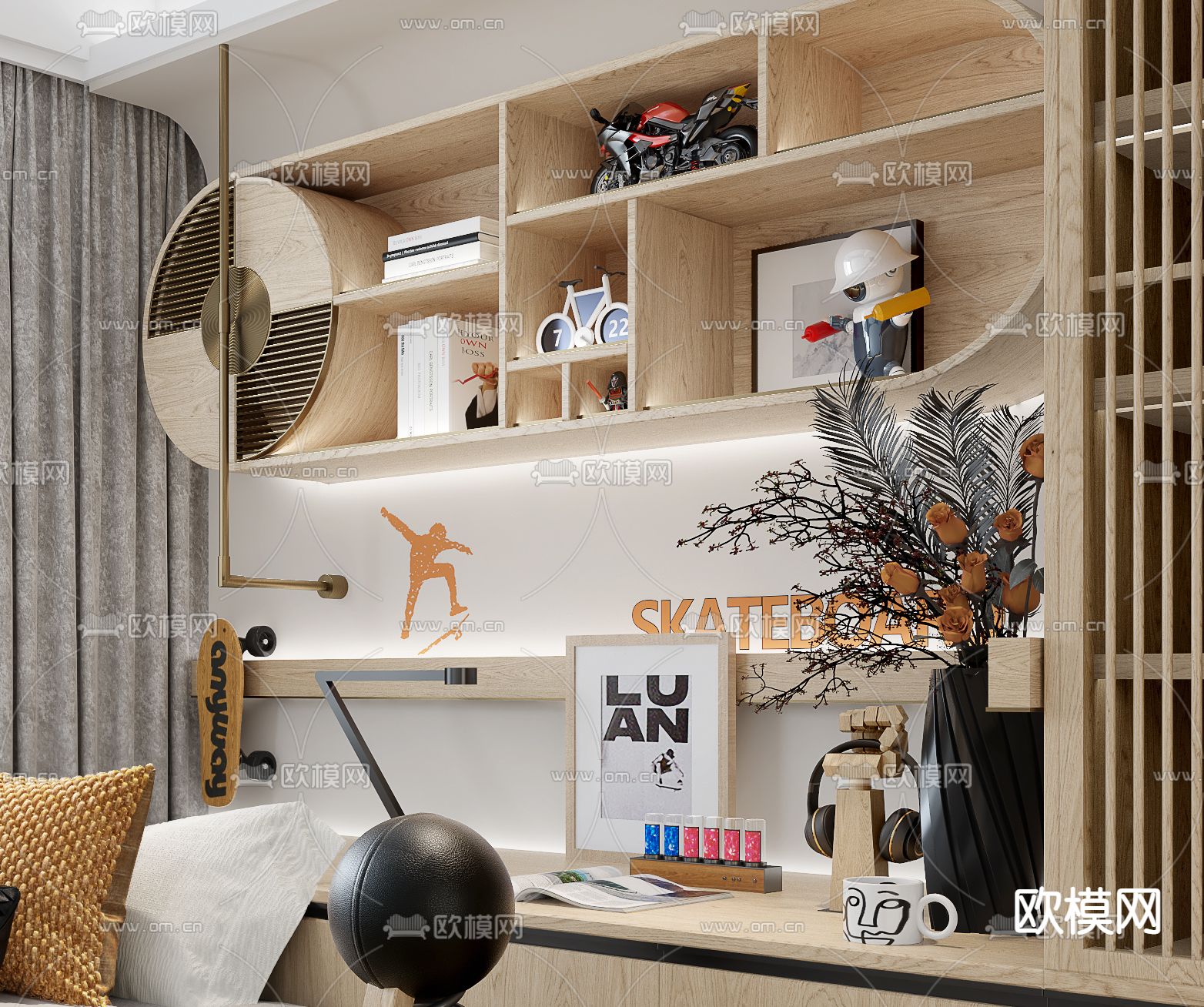 柘壹设计 现代榻榻米儿童房3d模型下载（渲染图2）