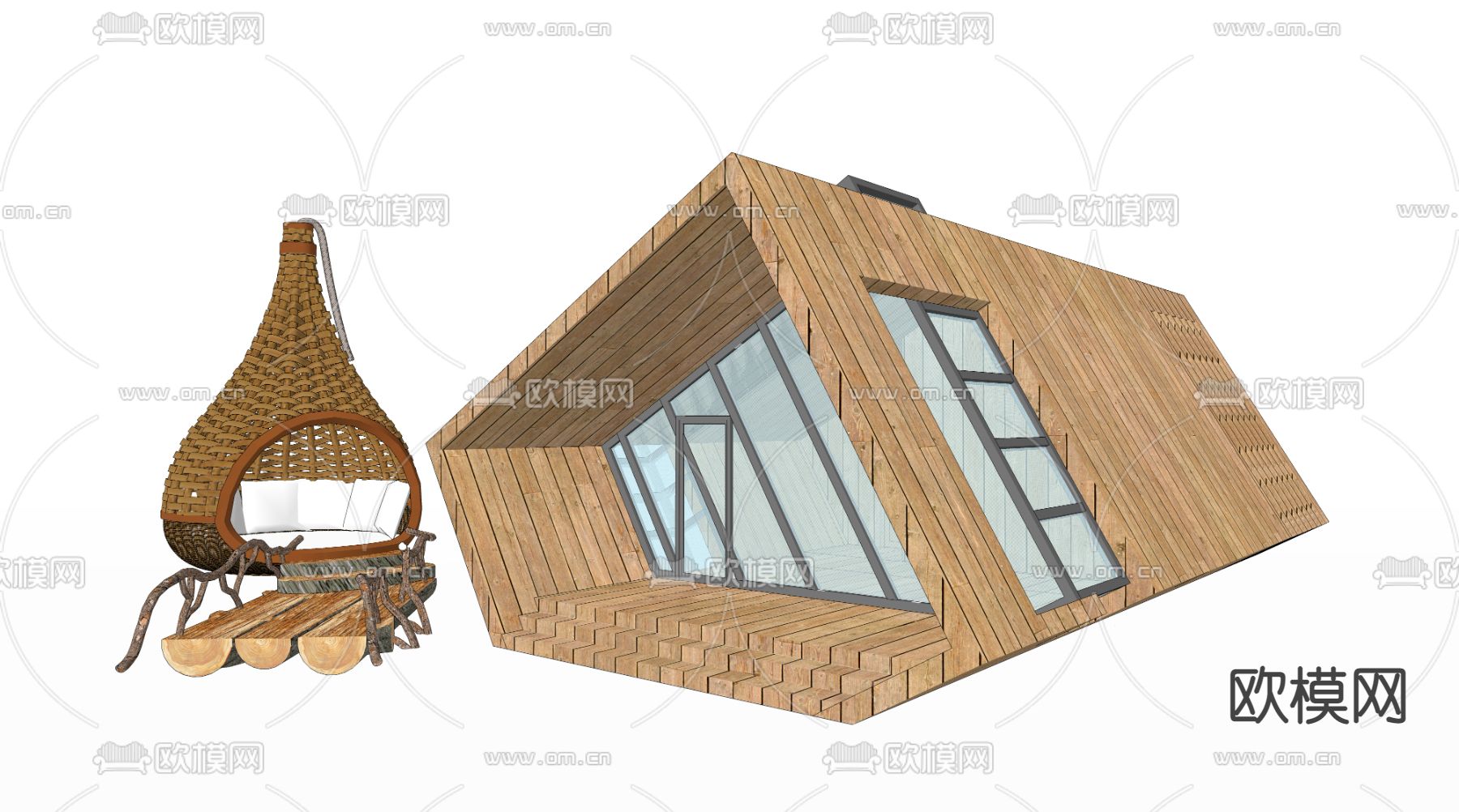 现代木屋建筑外观su模型下载（渲染图2）