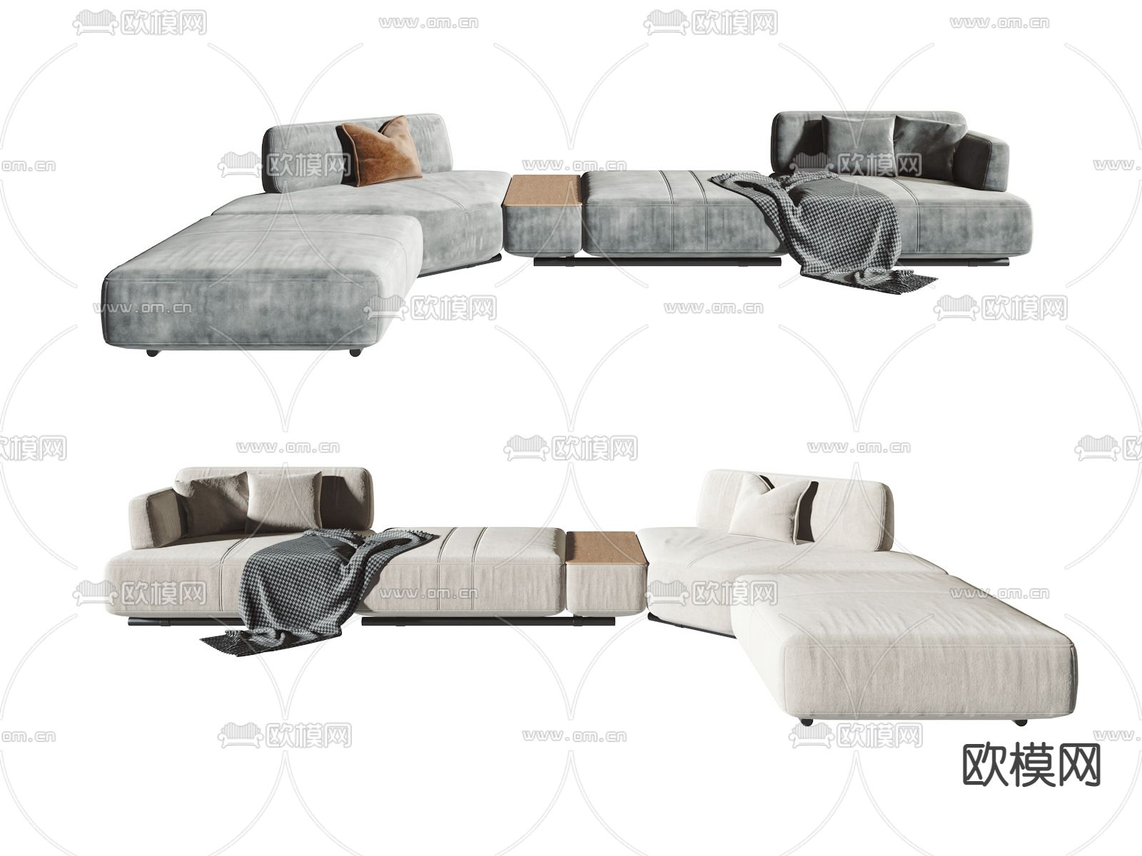 现代灰蓝色转角沙发3d模型下载（渲染图1）