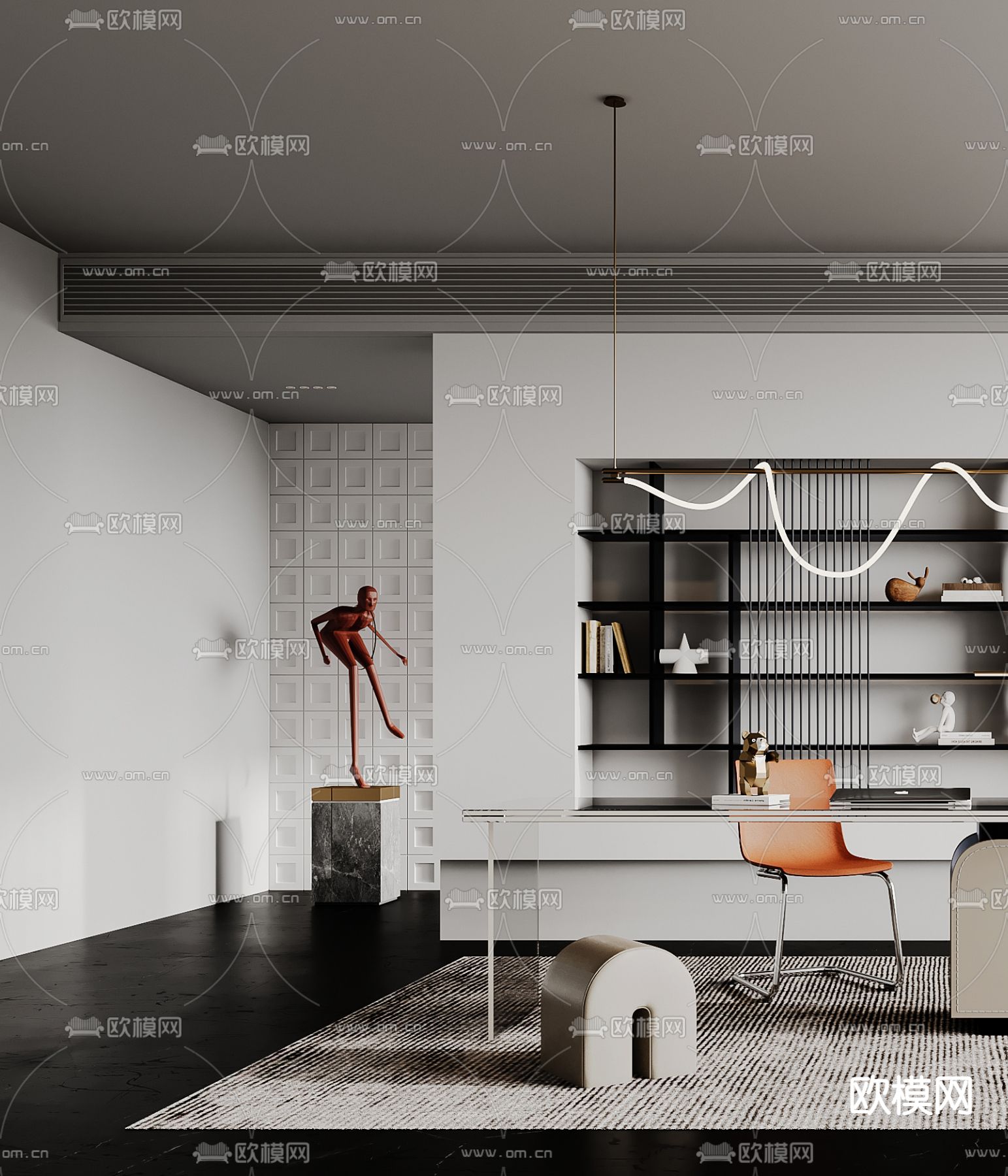 现代高级灰书房3d模型下载（渲染图3）