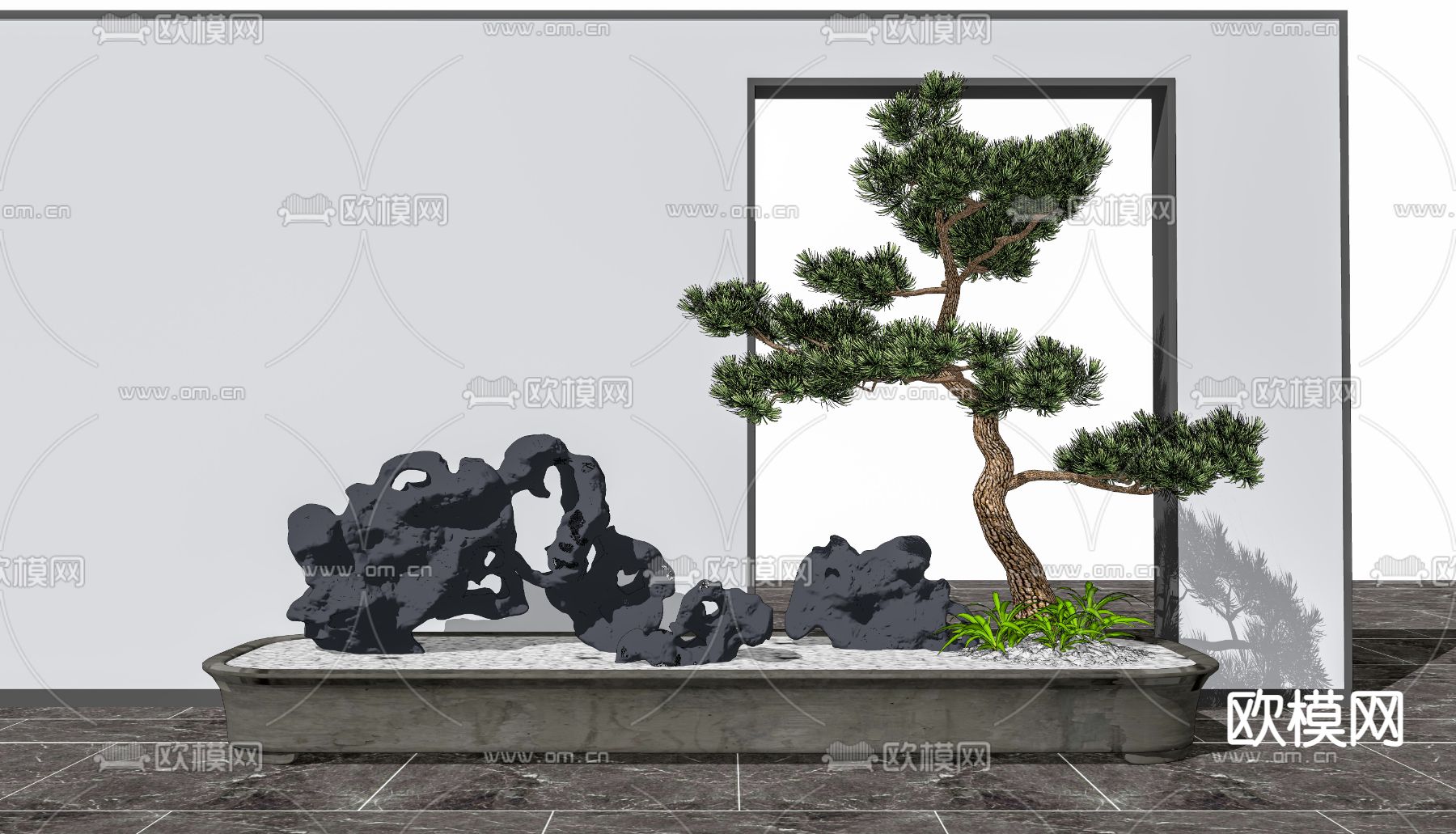 新中式盆栽太湖石松树观盆栽su模型下载（渲染图2）