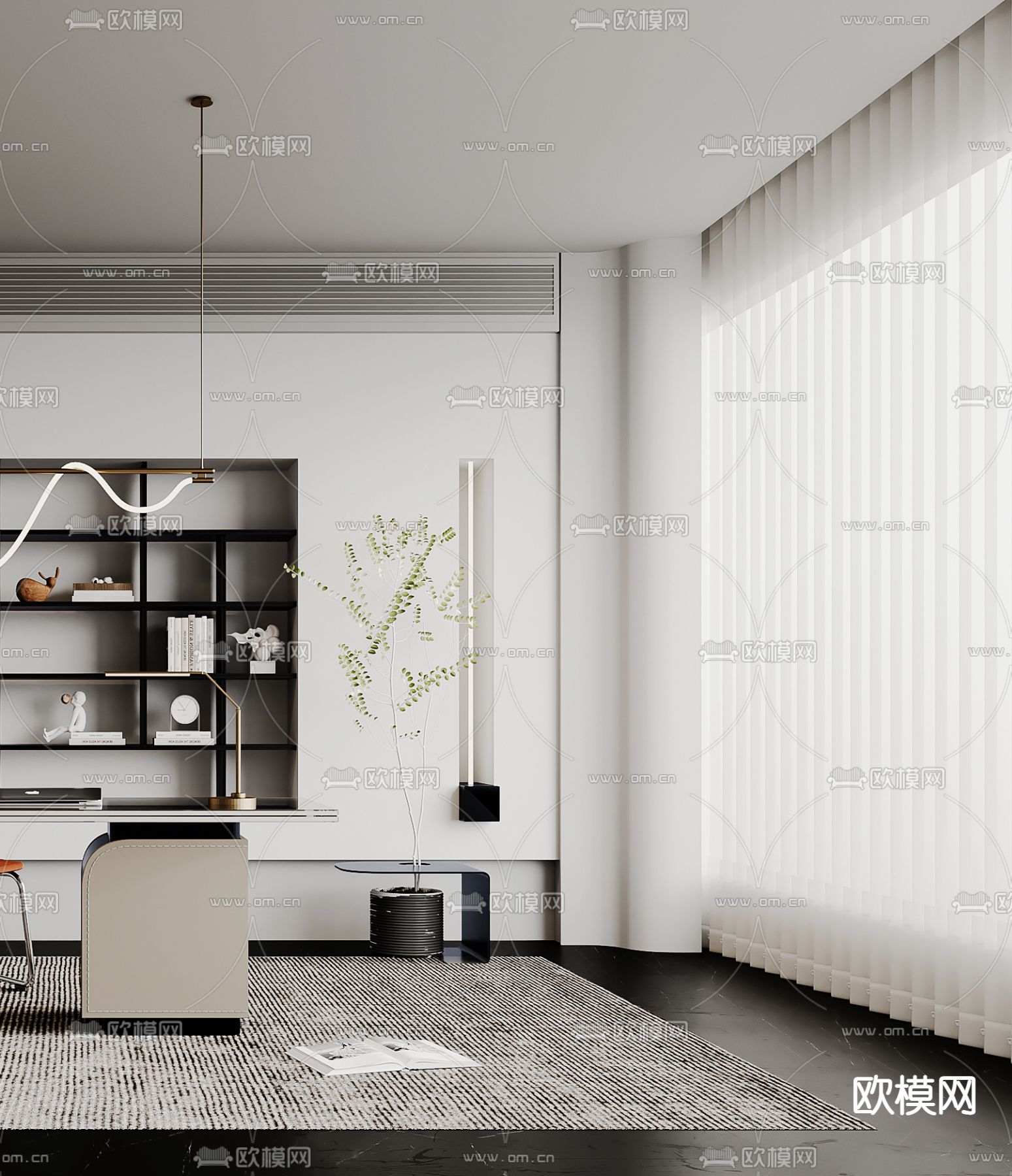 现代高级灰书房3d模型下载（渲染图2）