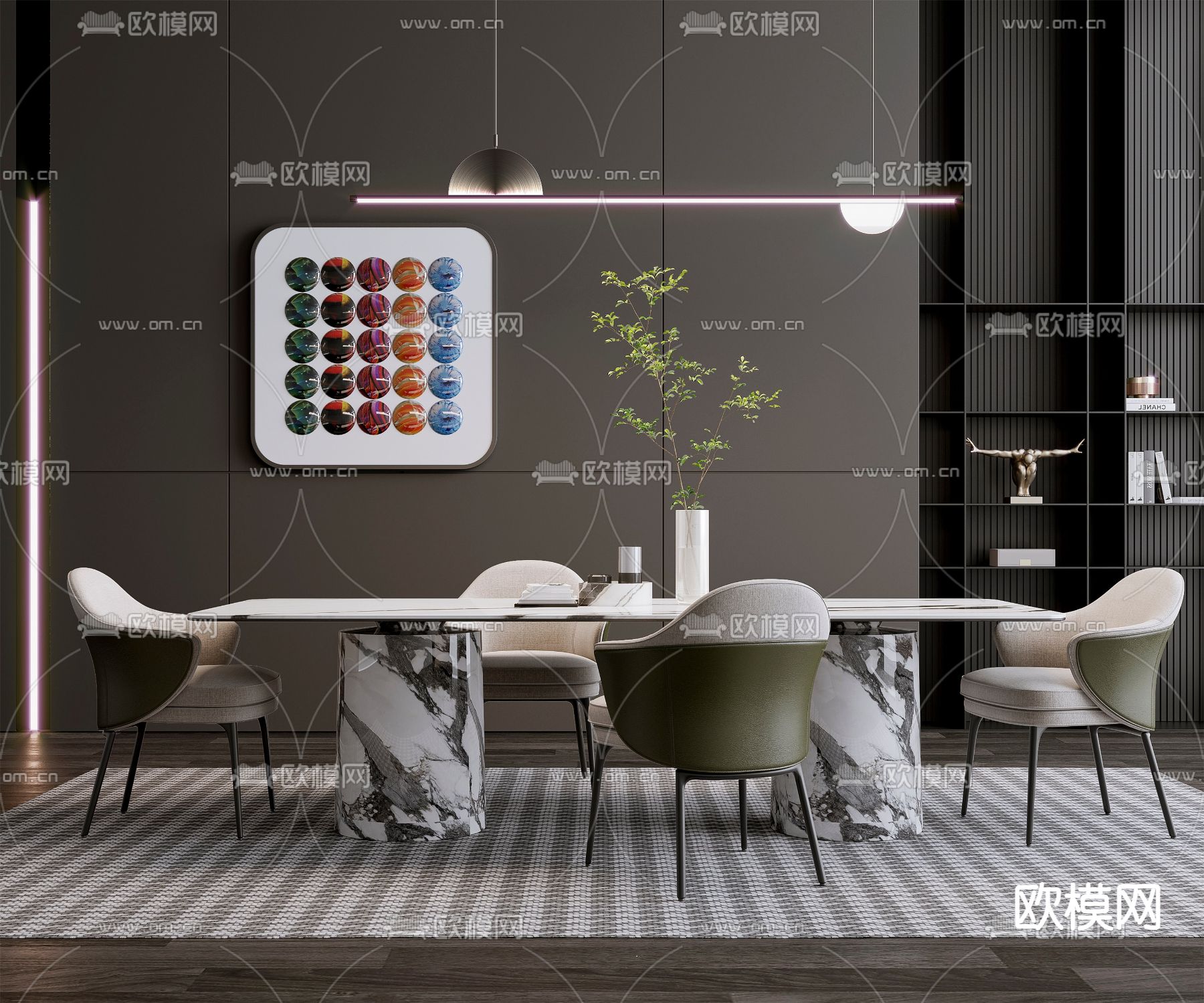 米洛提Minotti 现代大理石条形餐桌椅3d模型下载（渲染图1）