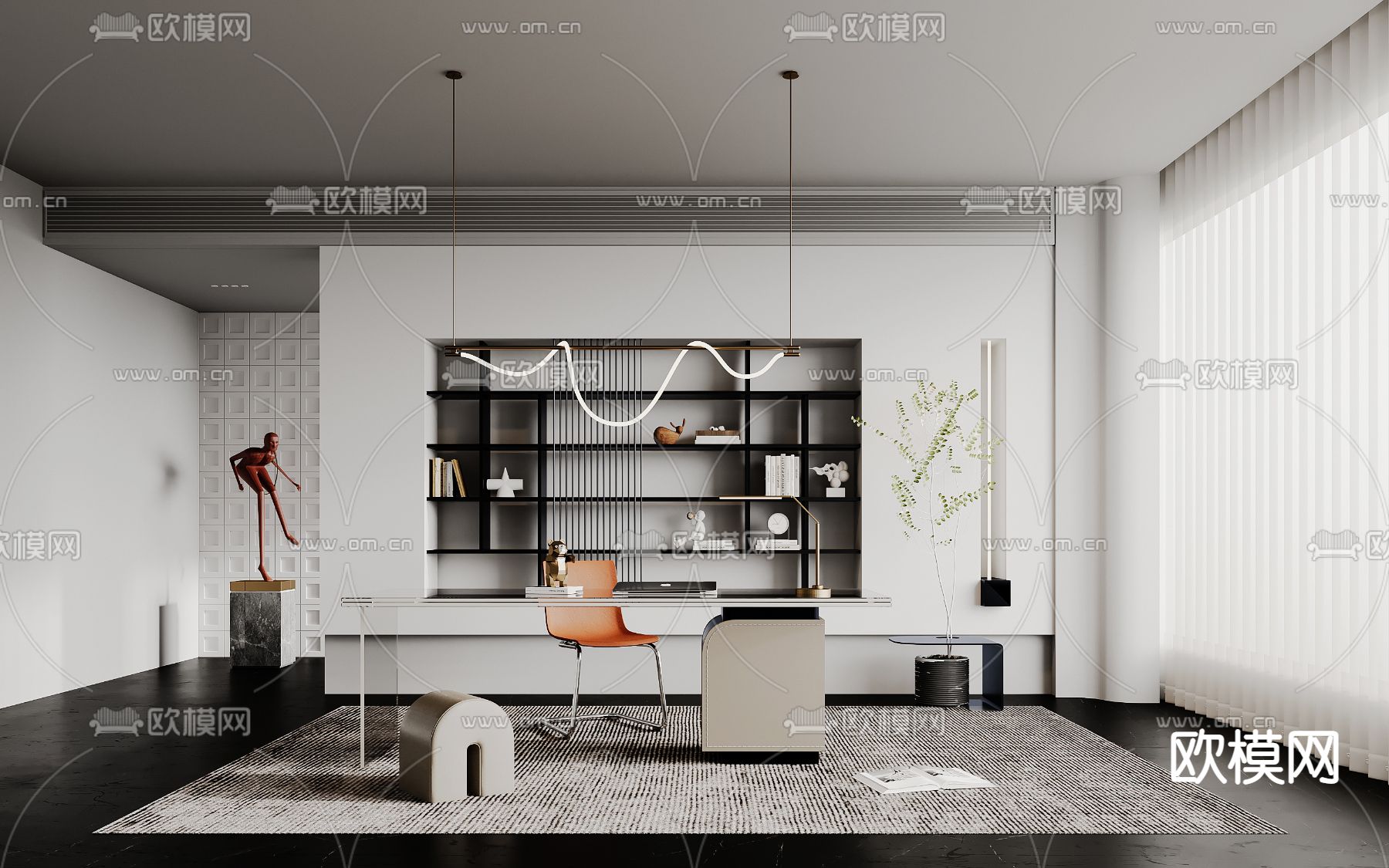 现代高级灰书房3d模型下载（渲染图1）