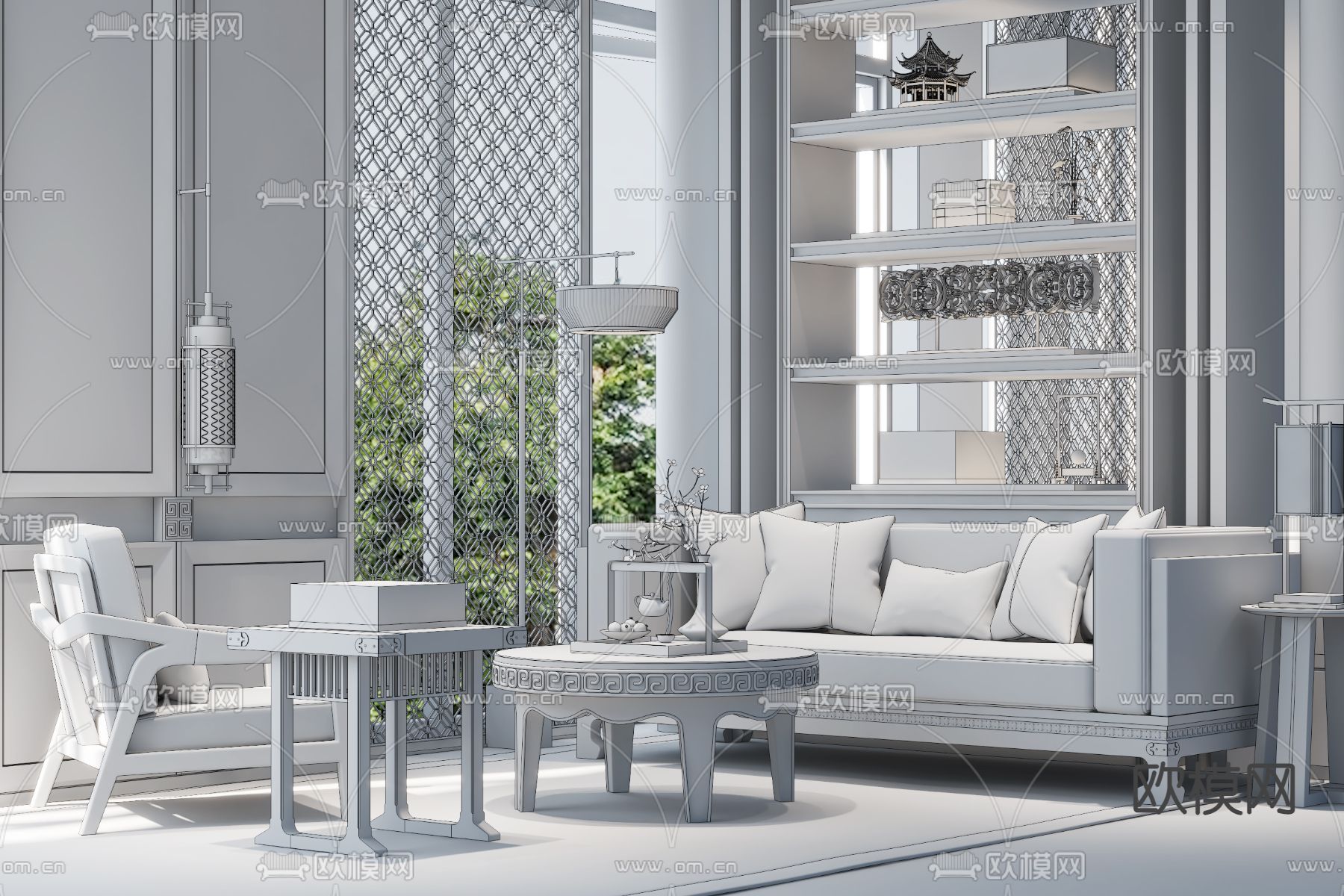 一然设计 新中式售楼处洽谈区3d模型下载（渲染图3）