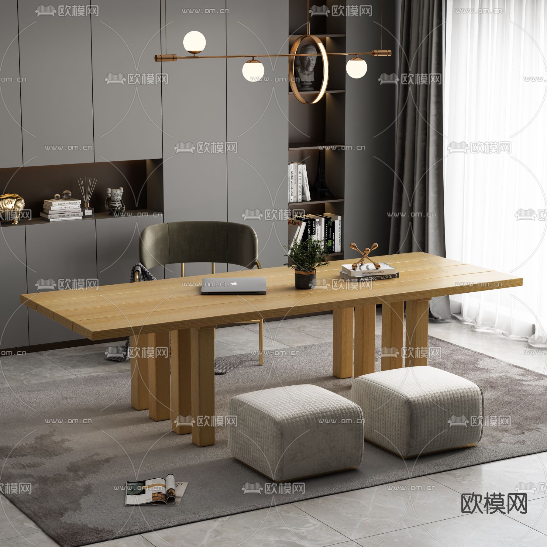 现代简约书桌椅3d模型下载（渲染图2）