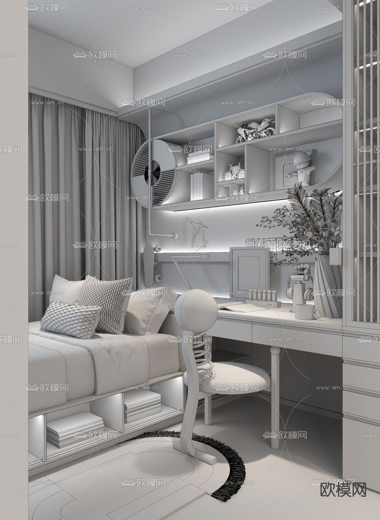 柘壹设计 现代榻榻米儿童房3d模型下载（渲染图4）