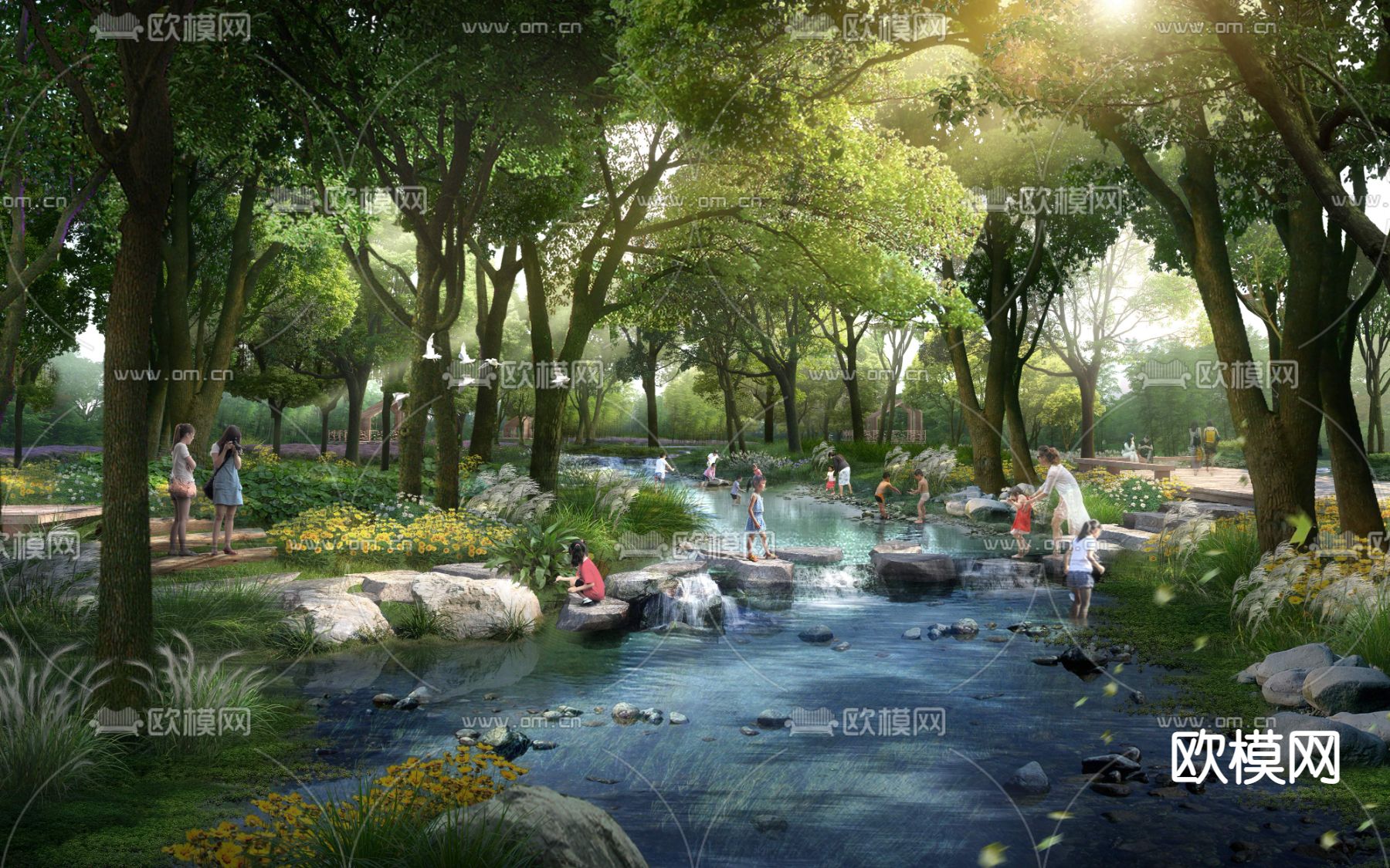 现代小溪亲子公园游玩psd下载