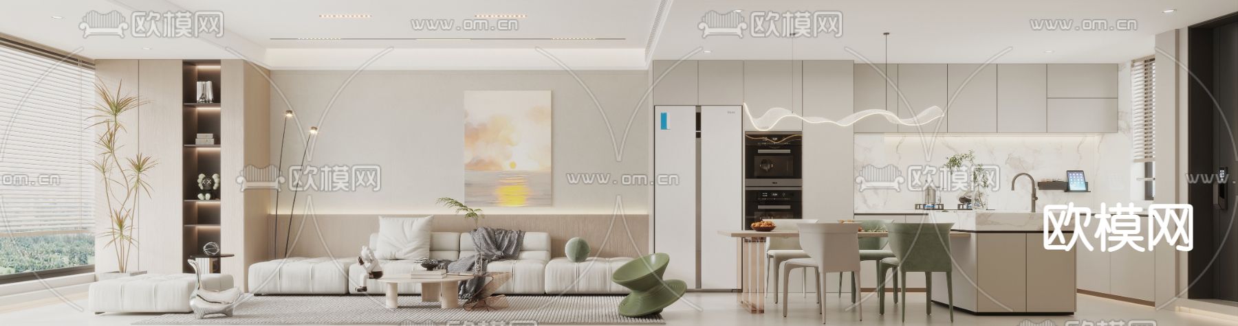 奶油风复式客厅餐厅3d模型
