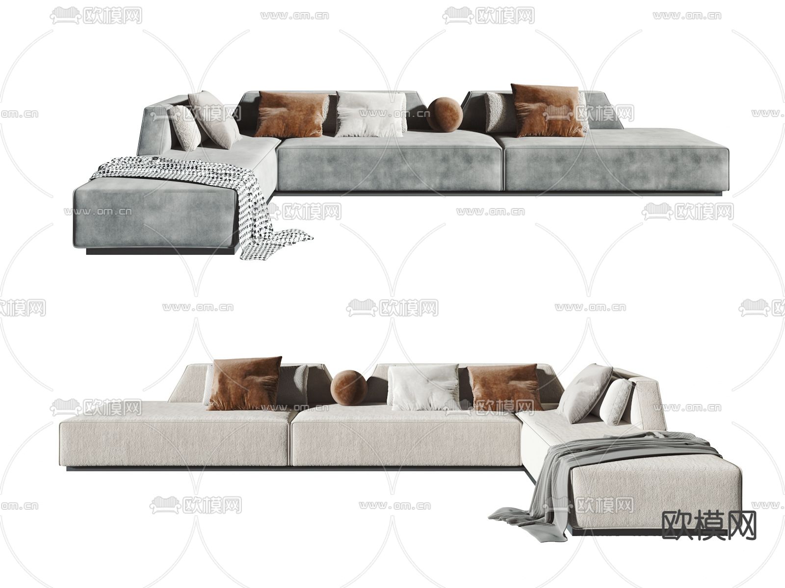 现代灰蓝色转角沙发3d模型下载（渲染图2）
