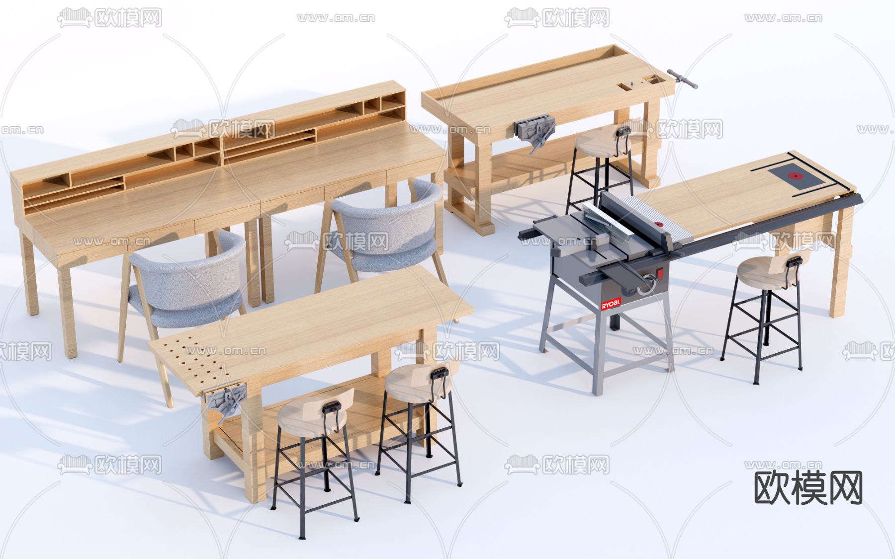 现代木工操作台su模型下载（渲染图1）