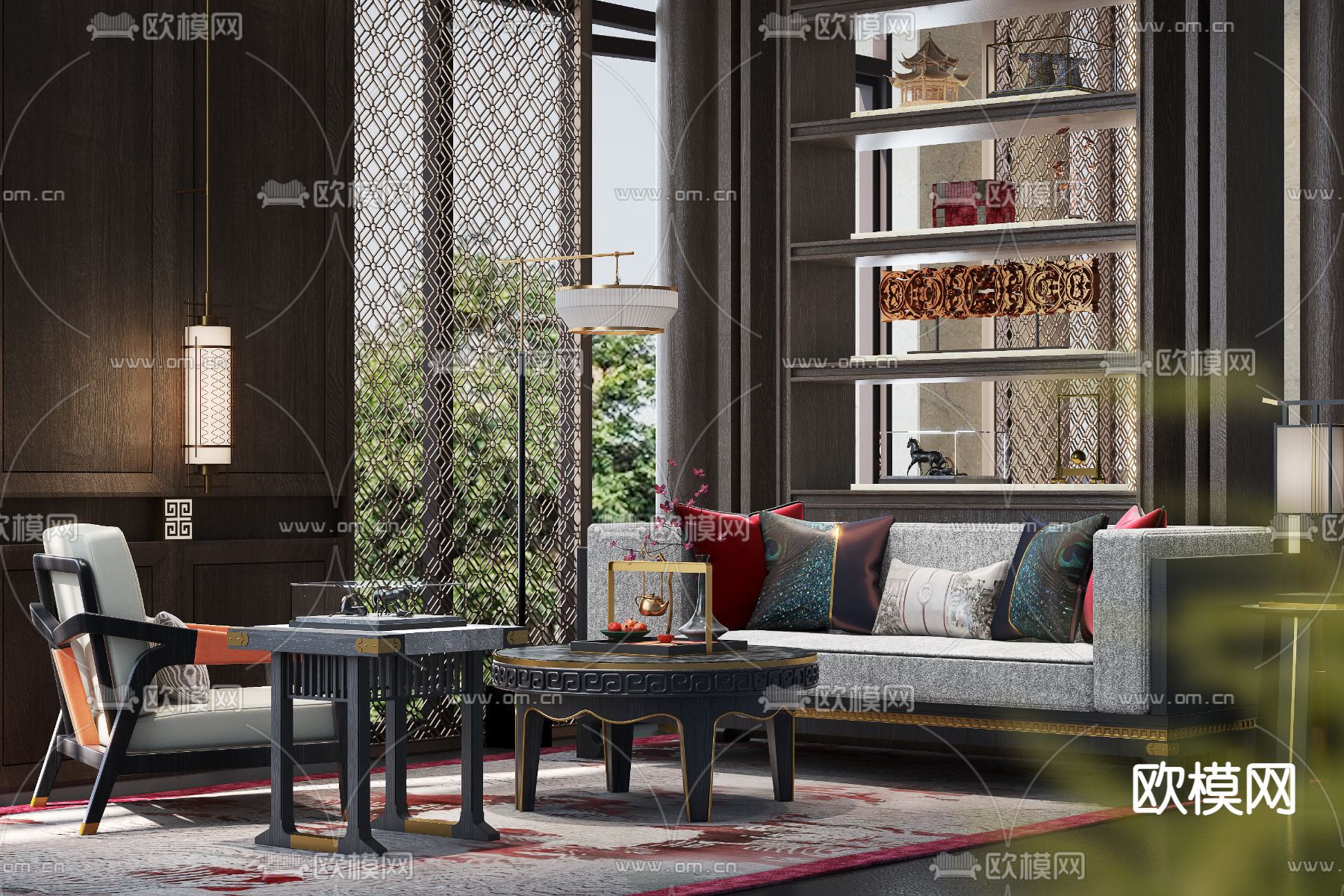 一然设计 新中式售楼处洽谈区3d模型下载（渲染图1）