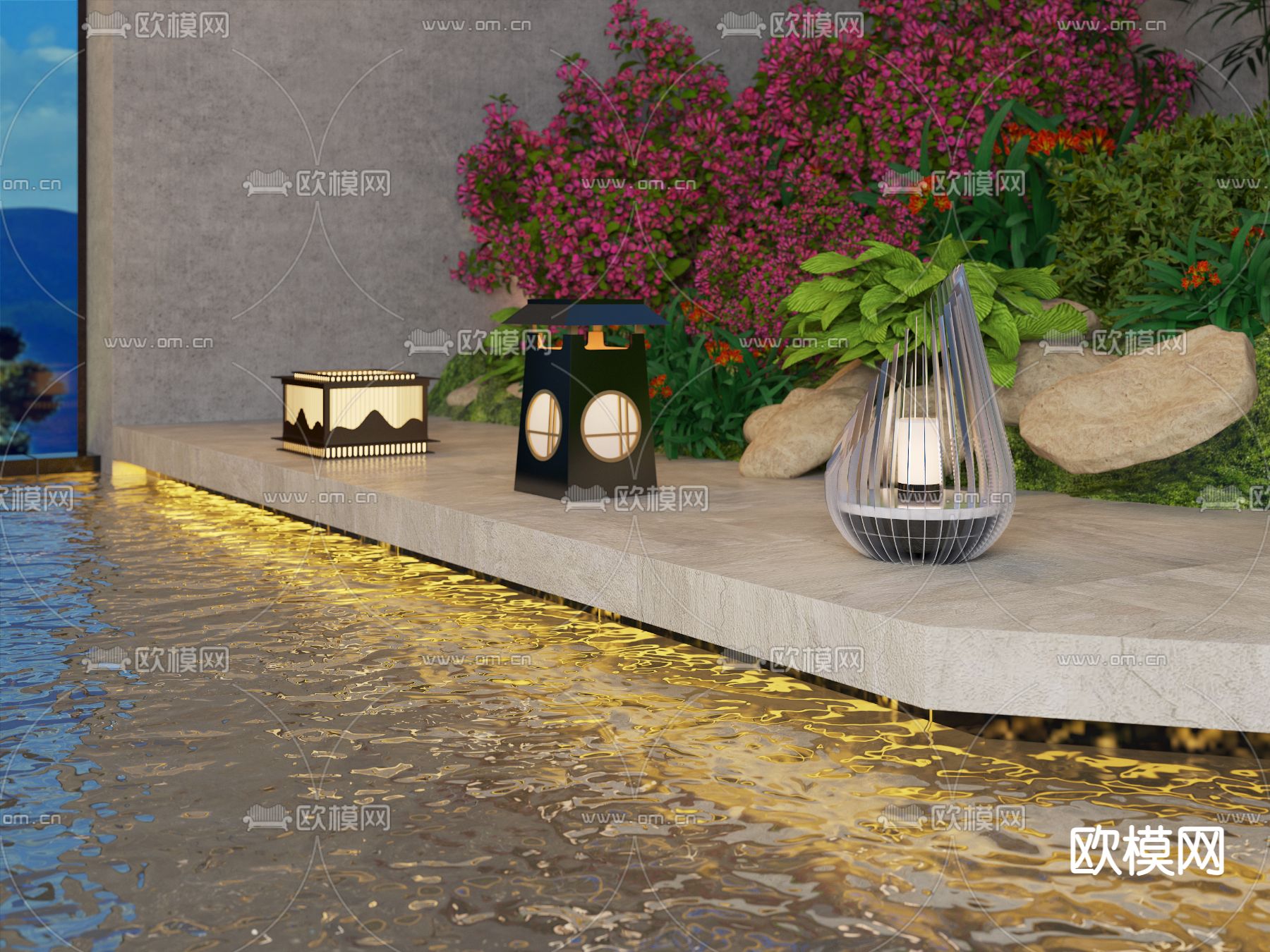 新中式庭院灯水池灯3d模型下载（渲染图2）