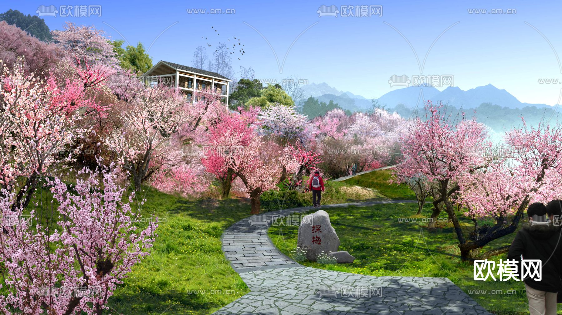 新中式桃花树公园园林psd下载