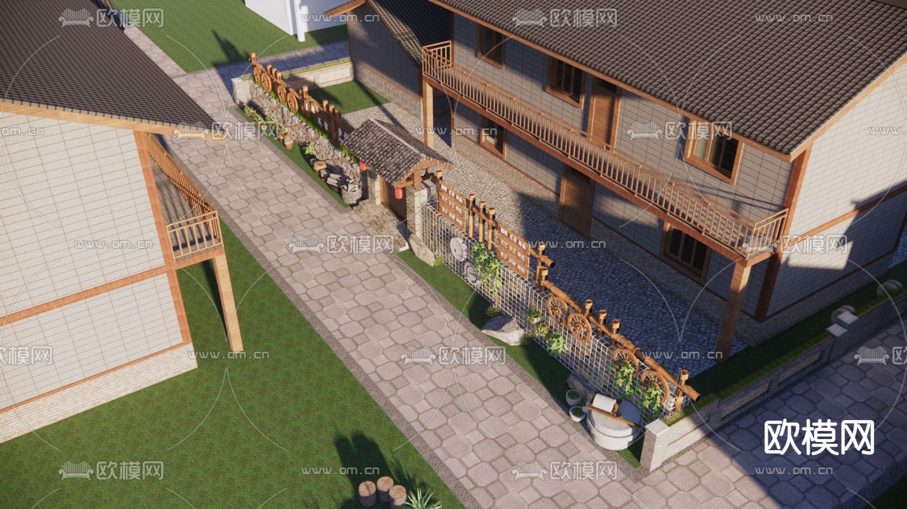 中式民宿建筑外观su模型下载（渲染图2）