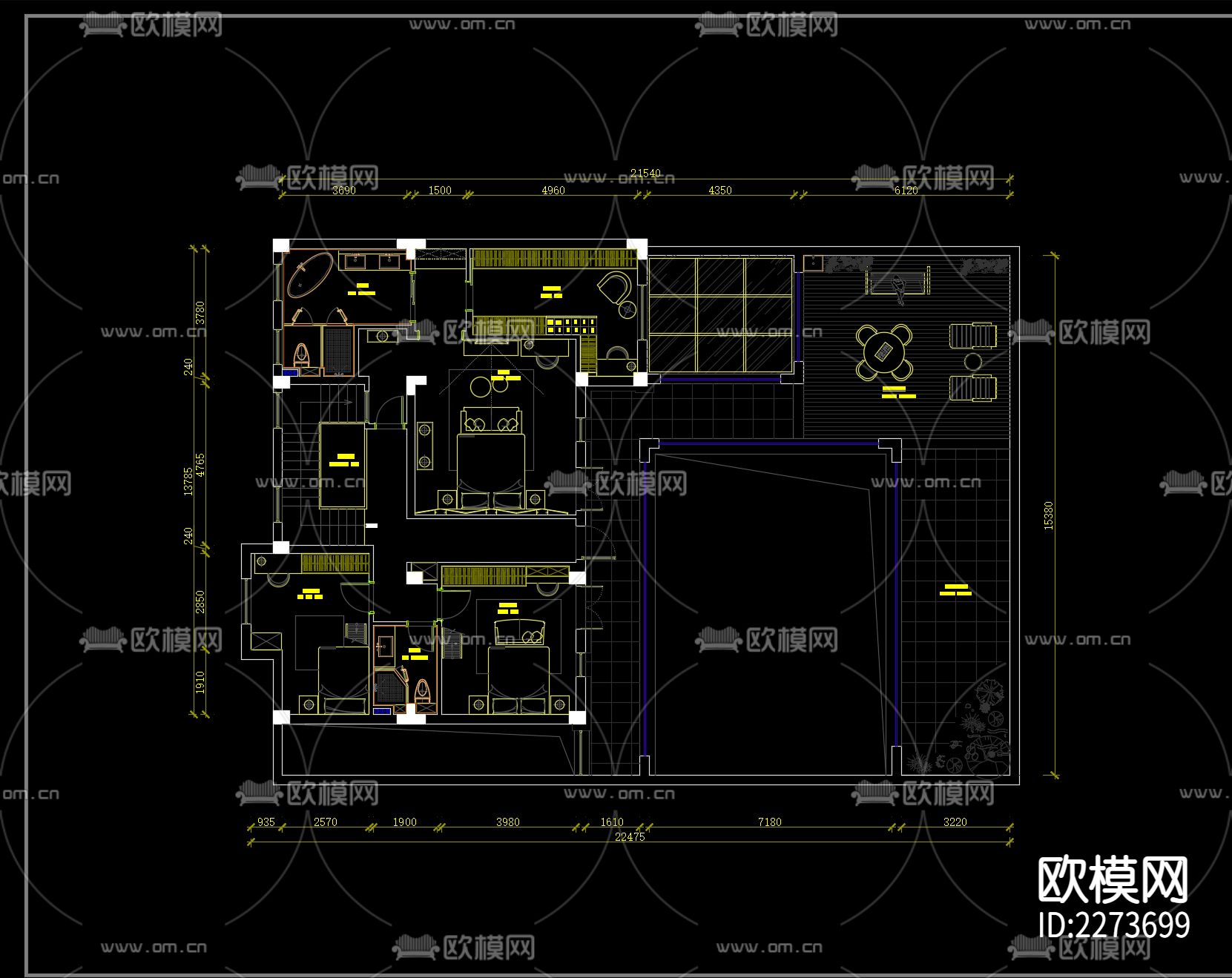 800㎡复式别墅CAD施工图下载（渲染图3）