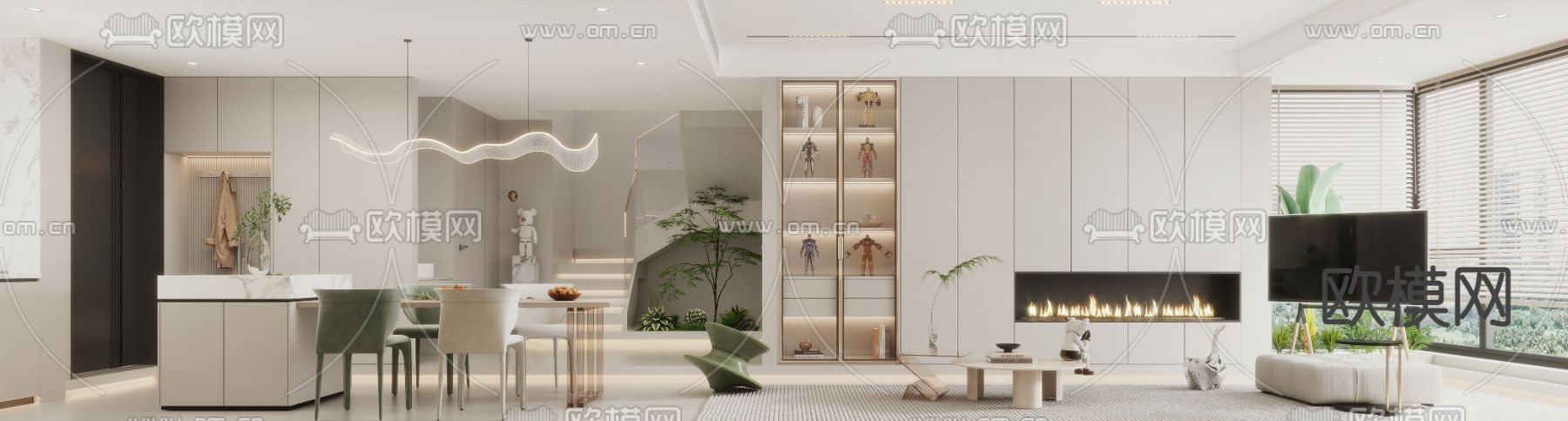 奶油风复式客厅餐厅3d模型