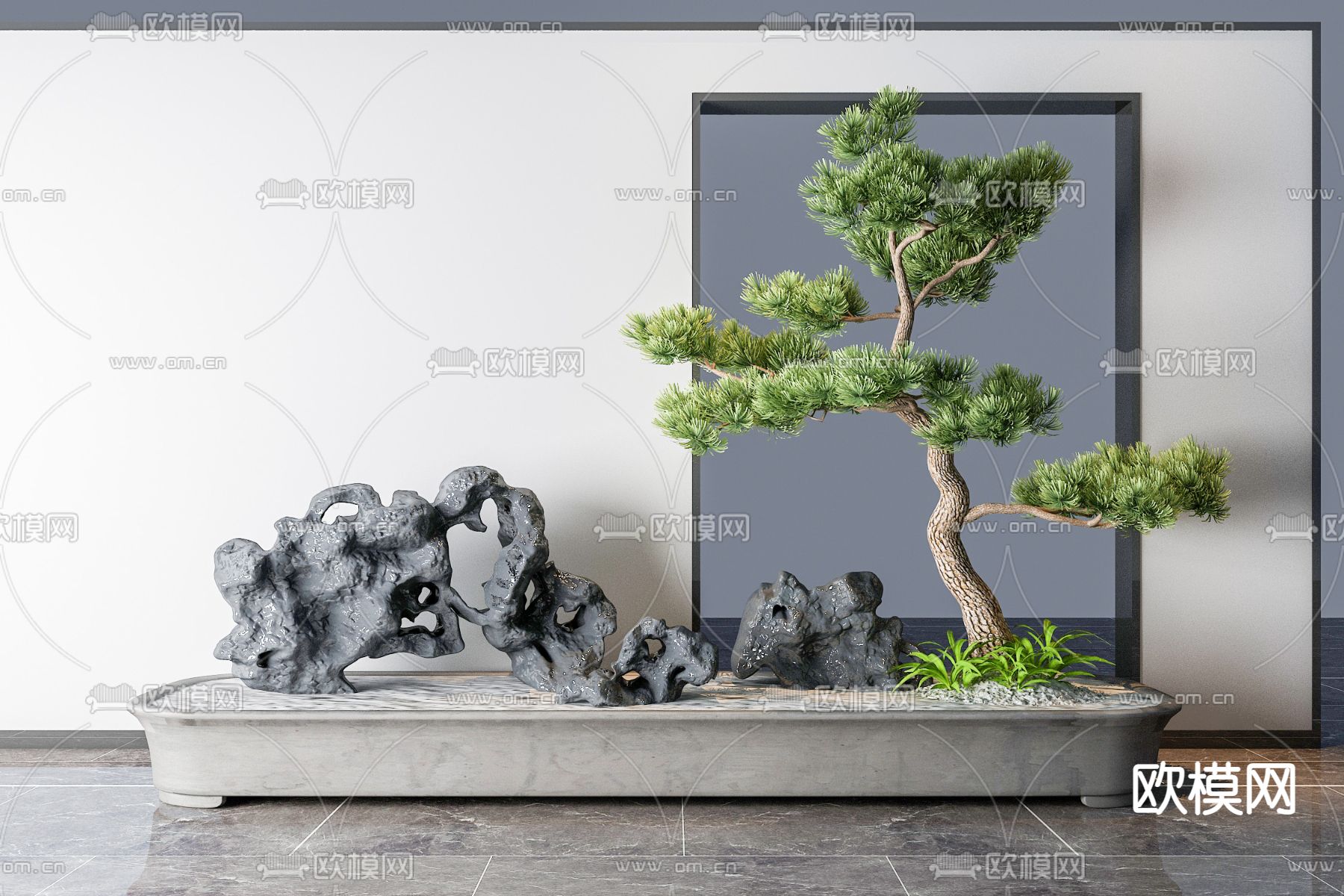 新中式盆栽太湖石松树观盆栽su模型下载（渲染图1）