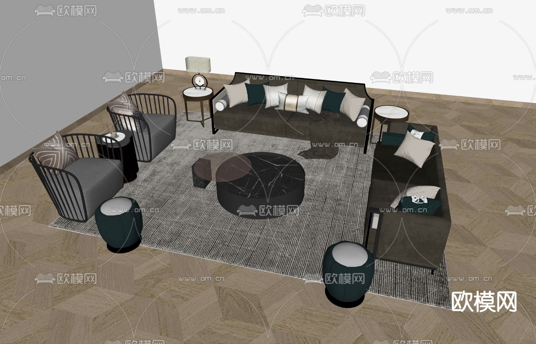新中式沙发茶几组合su模型下载