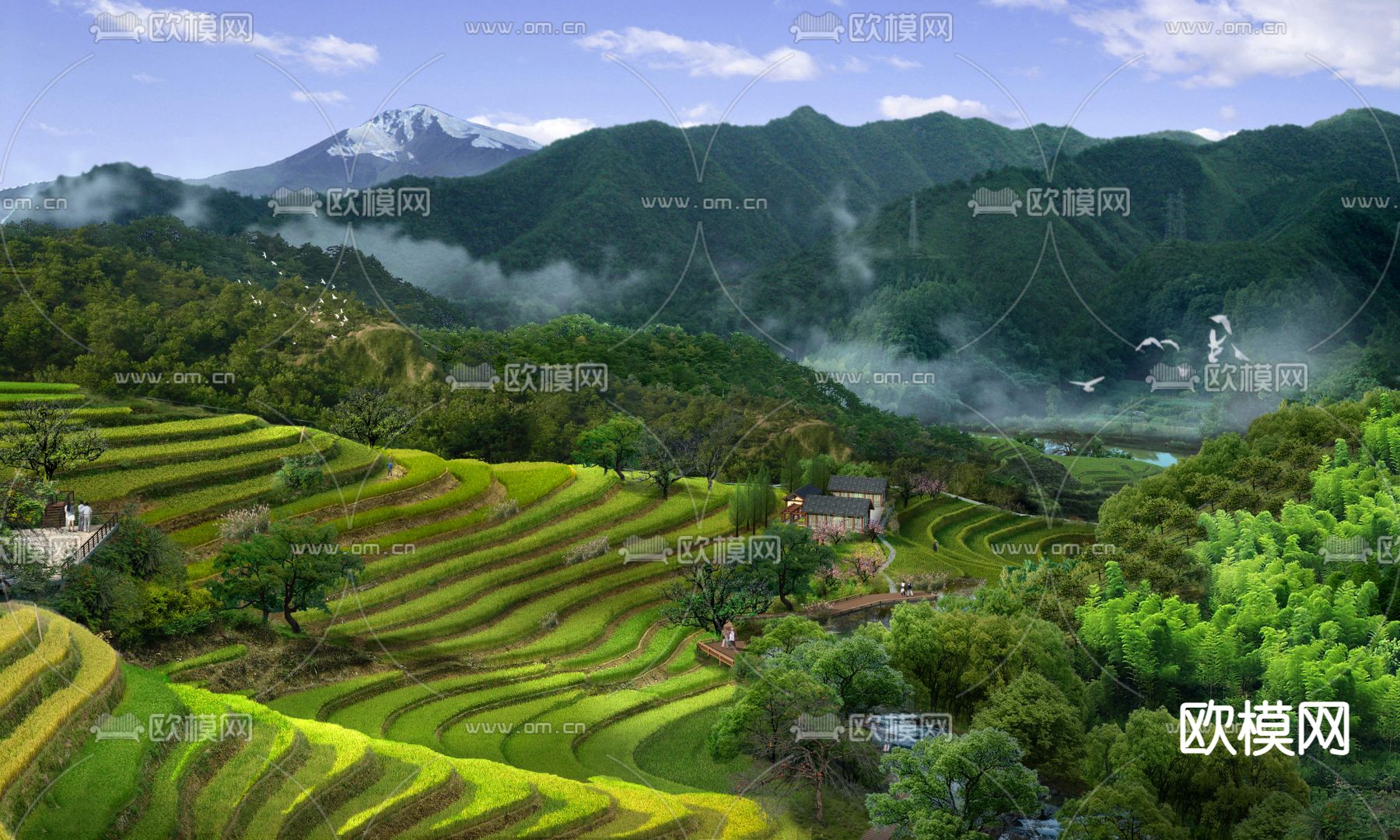 新中式草坝园林鸟瞰psd下载