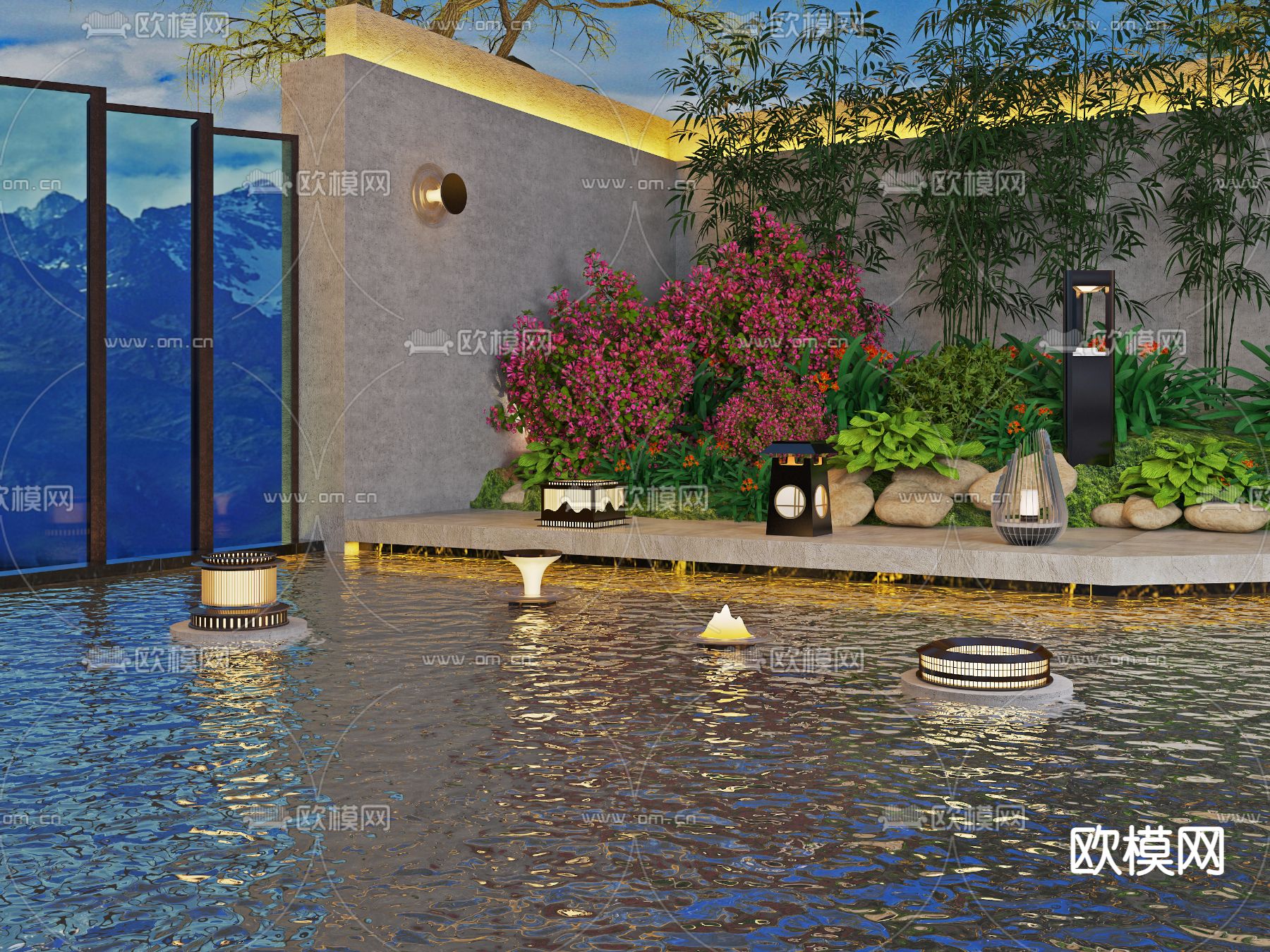 新中式庭院灯水池灯3d模型下载（渲染图1）