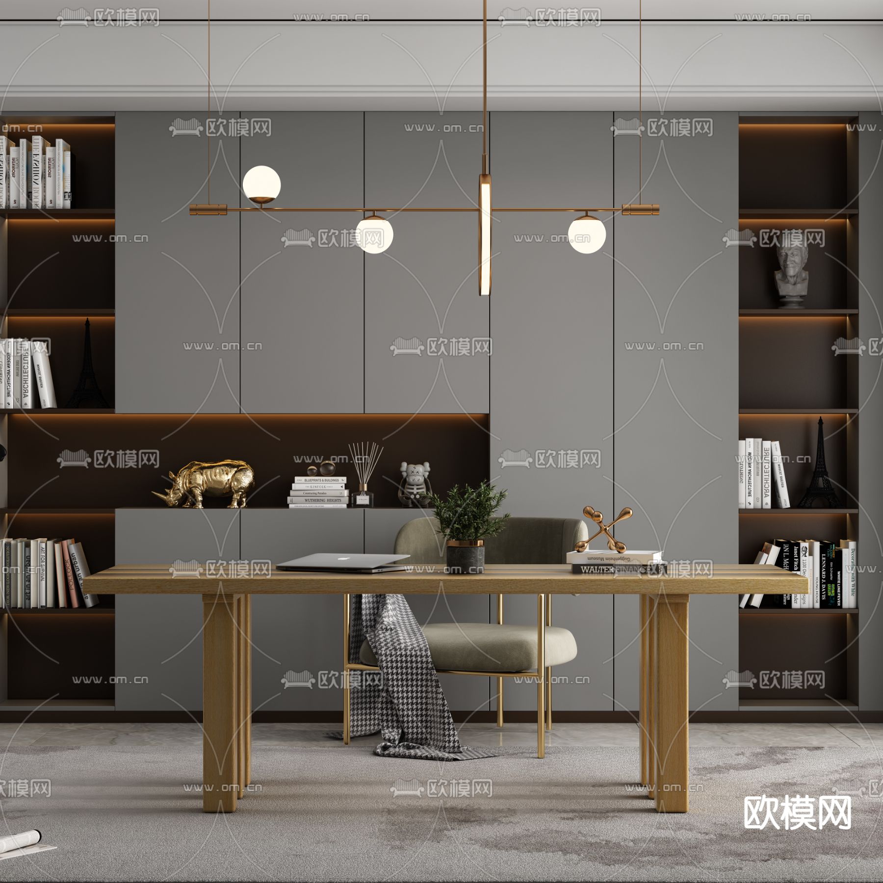 现代简约书桌椅3d模型下载（渲染图1）