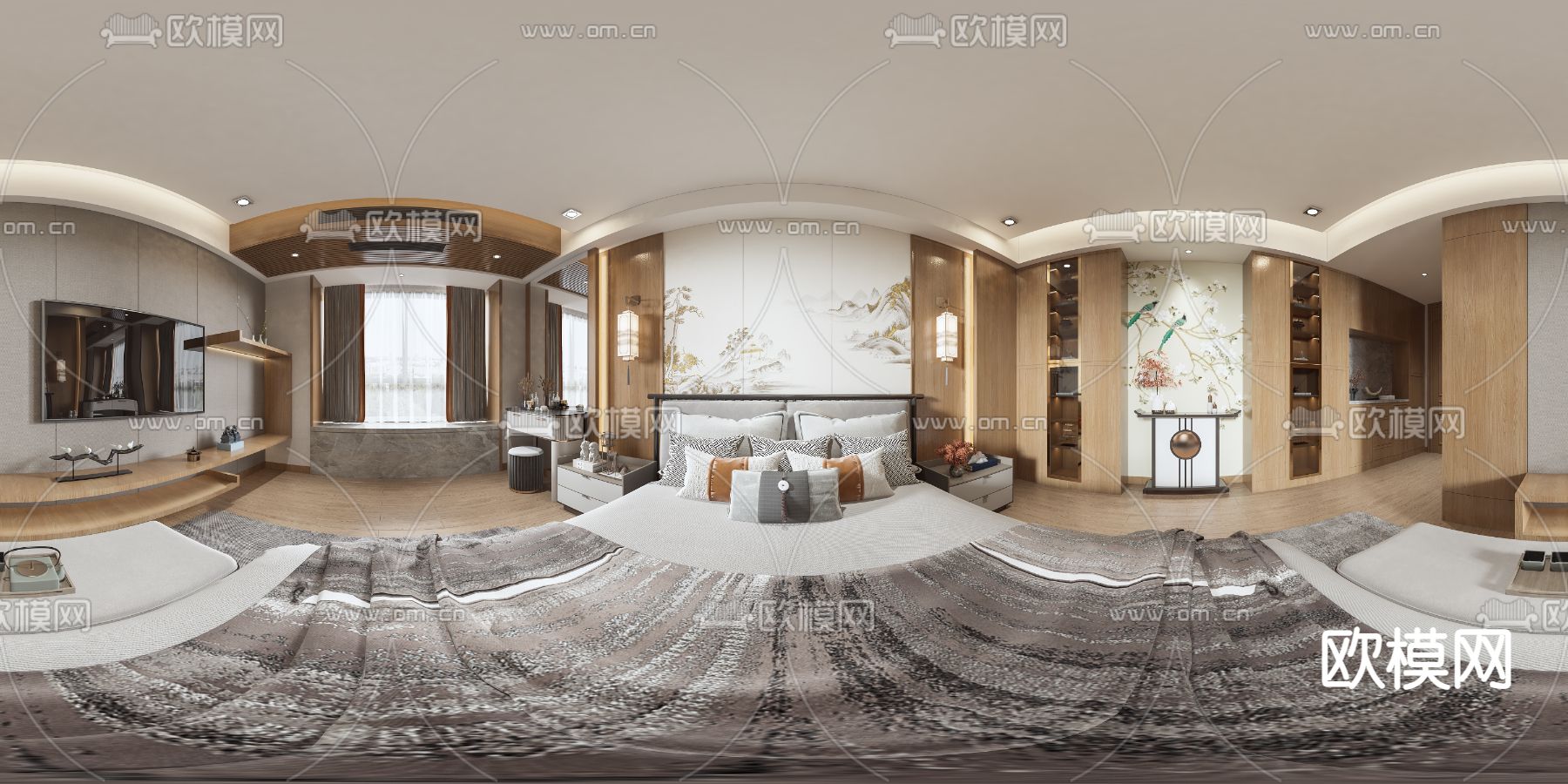 新中式卧室vr全景3d模型下载_ID12104019_3dmax免费模型-欧模网